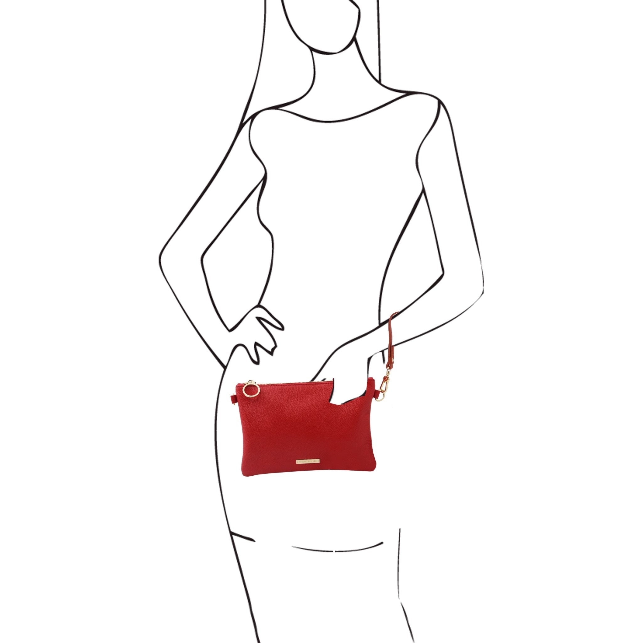 TL Bag Soft Leather Clutch in Lipstick Red on sketched model wearing shoulder strap L'Atelier Global