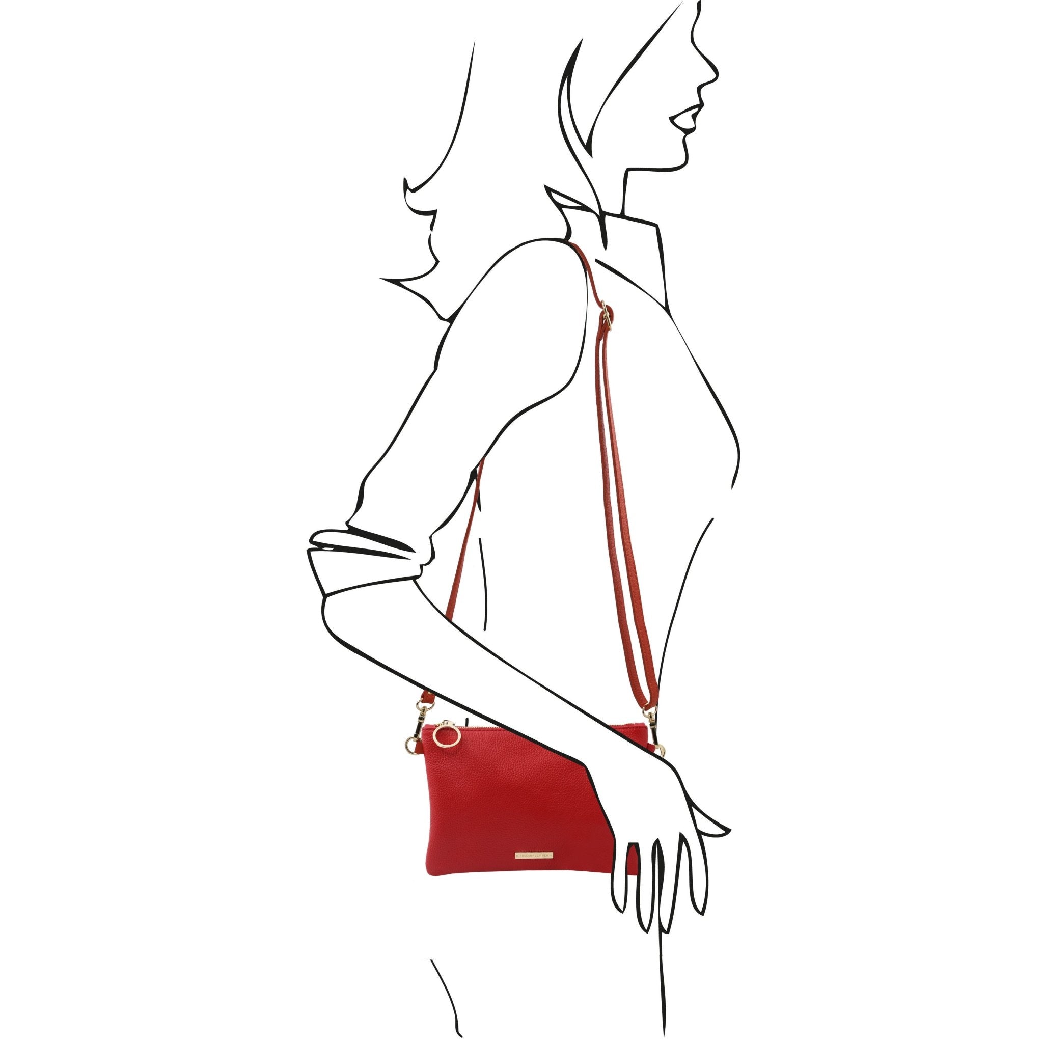 TL Bag Soft Leather Clutch in Lipstick Red on sketched model wearing shoulder strap L'Atelier Global