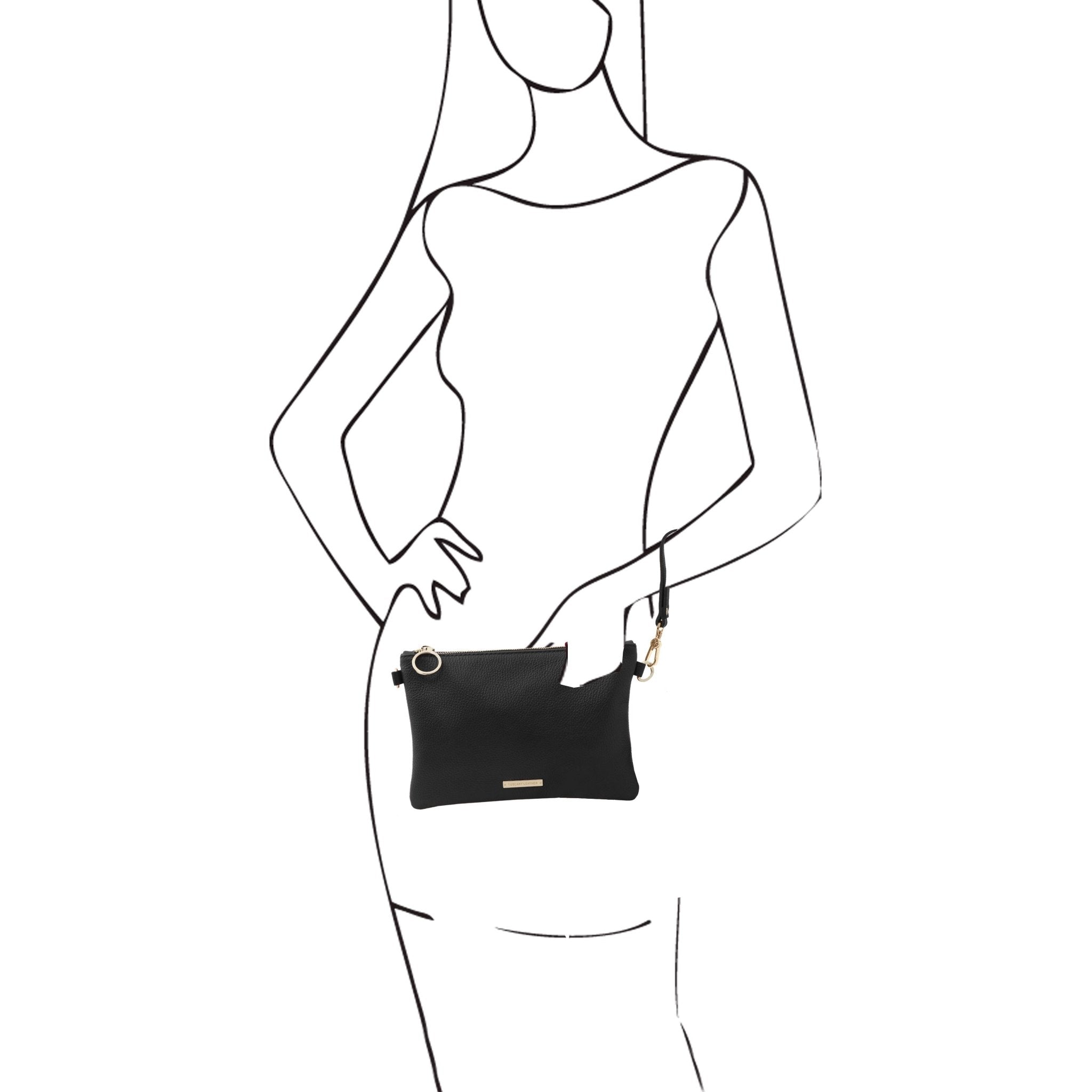 TL Bag Soft Leather Clutch in Black on sketched model showing wrist strap