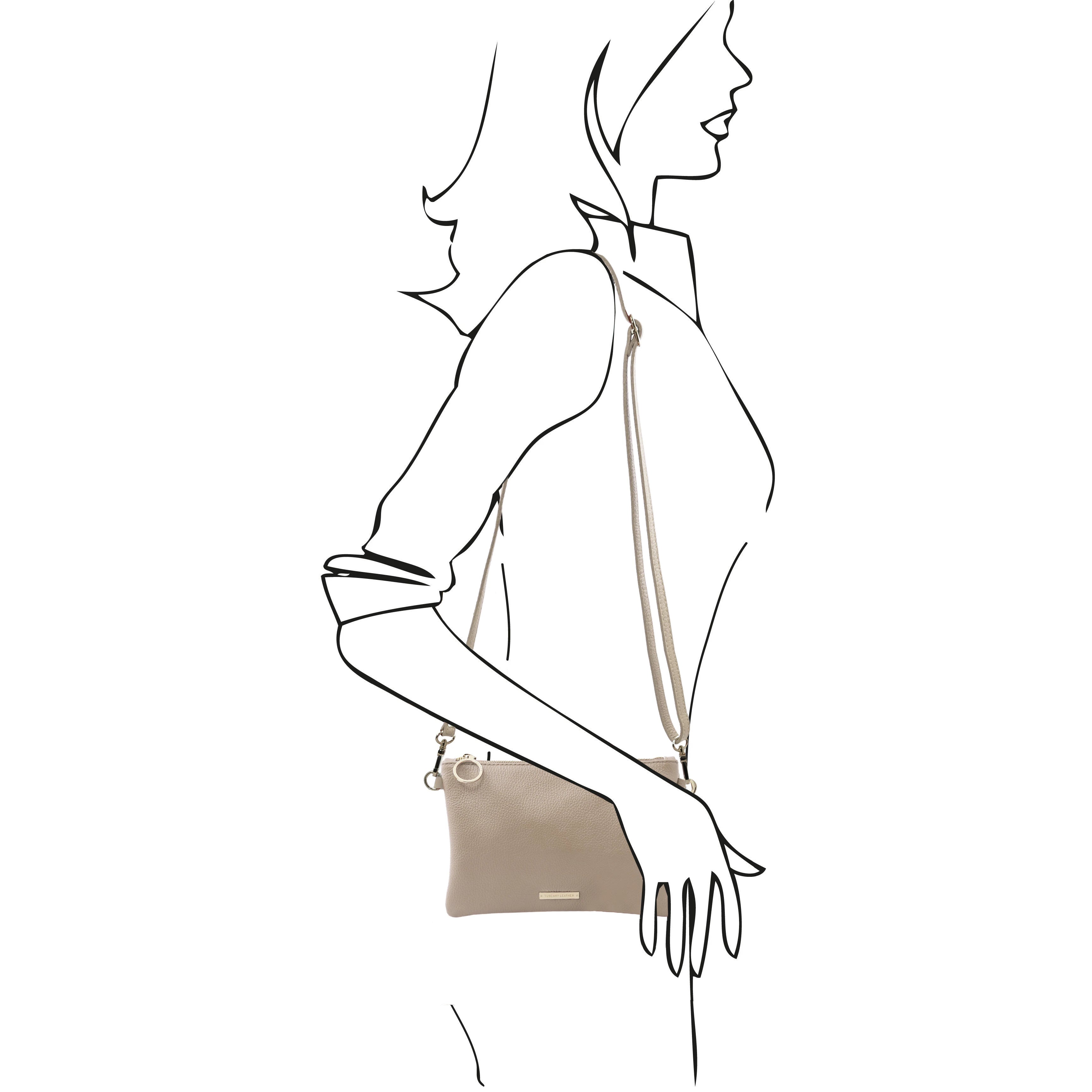 TL Bag Soft Leather Clutch in Light Taupe on sketched model wearing shoulder strap L'Atelier Global