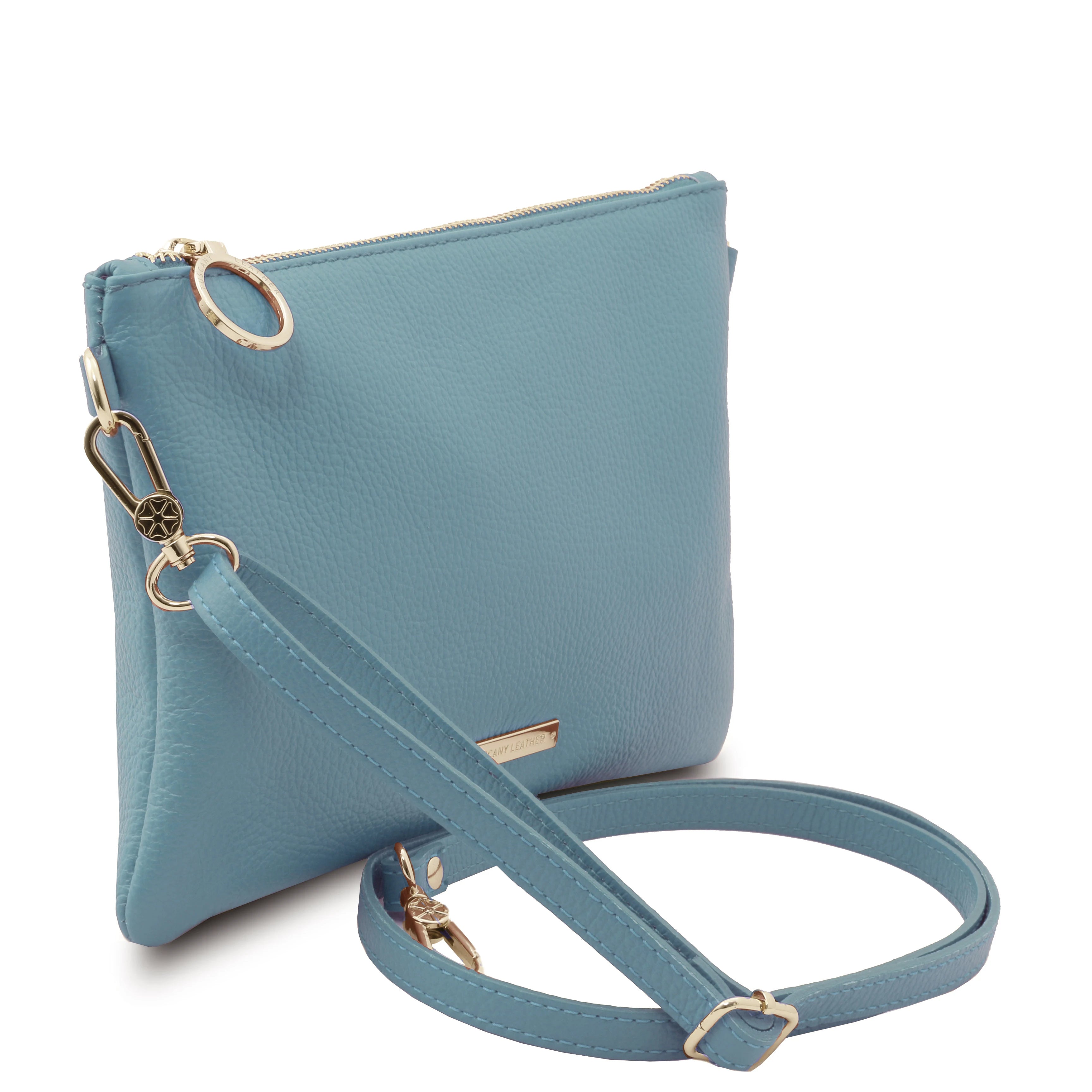 TL Bag Soft Leather Clutch in Light Blue with Shoulder Strap on White Background- L'Atelier Global
