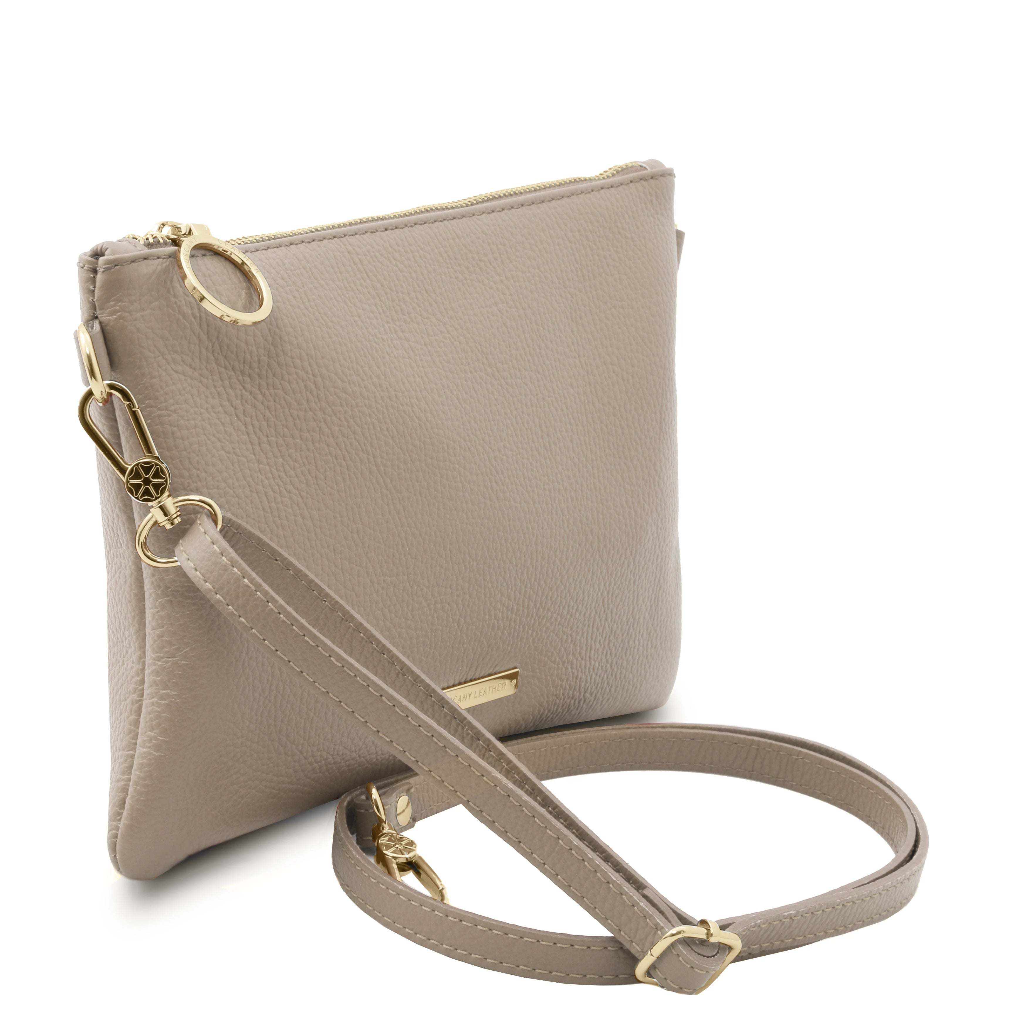 TL Bag Soft Leather Clutch in Light Taupe with Shoulder Strap on White Background- L'Atelier Global