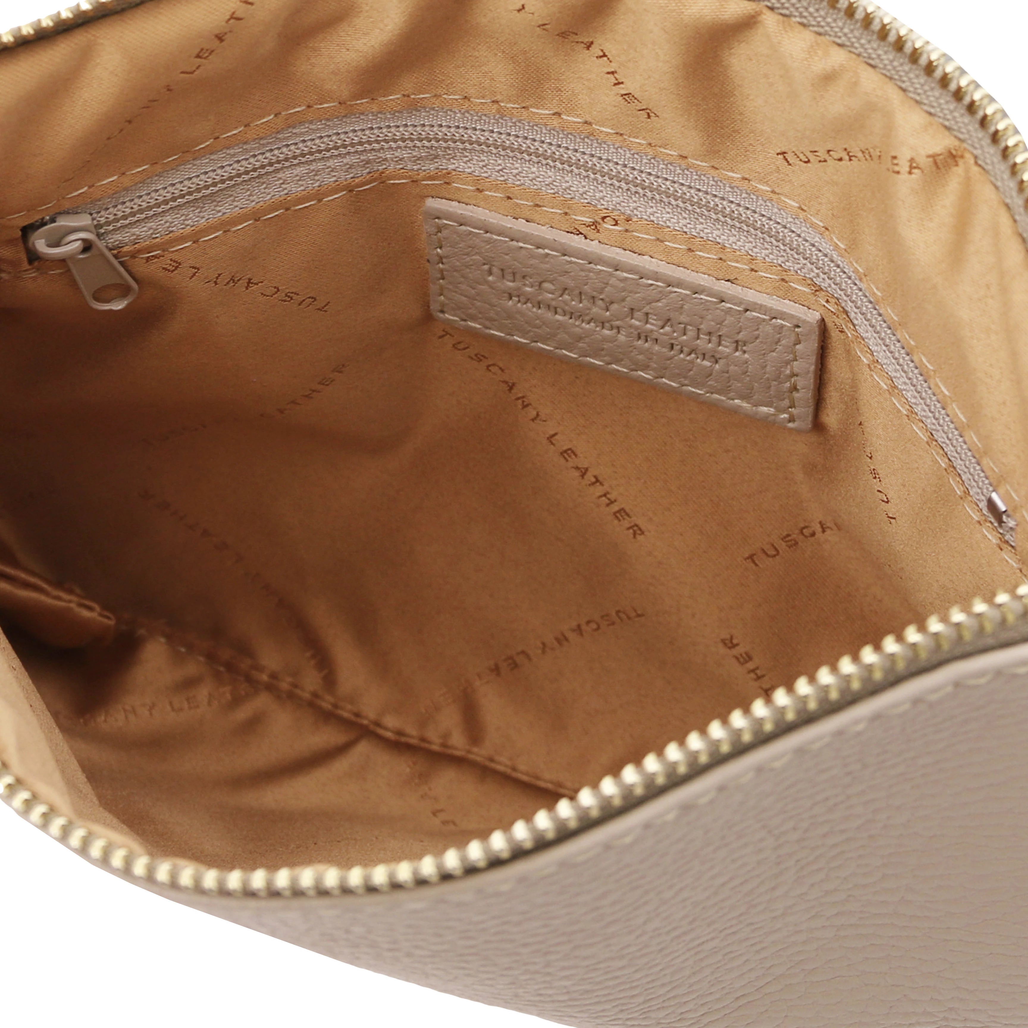 TL Bag Soft Leather Clutch in Light Taupe Interior View on White Background- L'Atelier Global