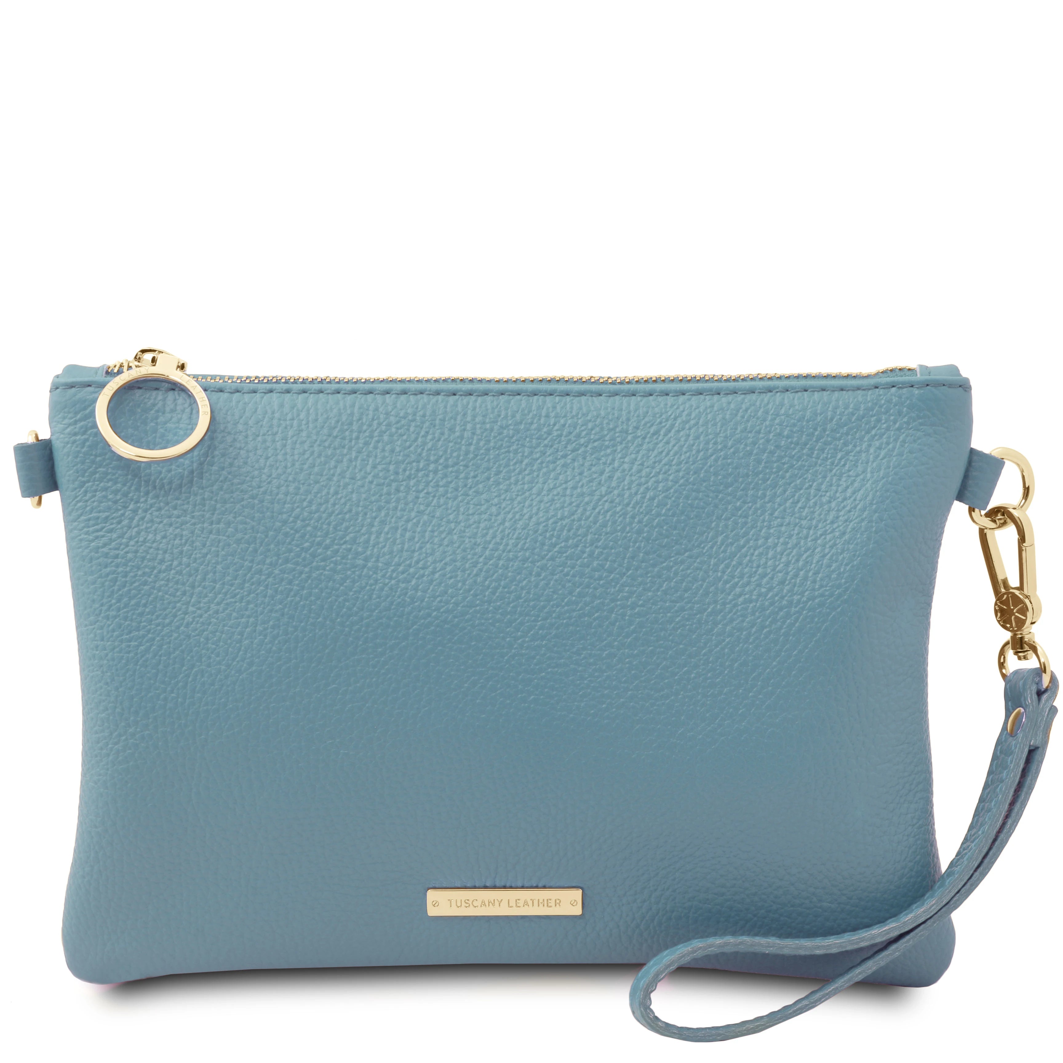 TL Bag Soft Leather Clutch in Light Blue with Hand Strap on White Background- L'Atelier Global