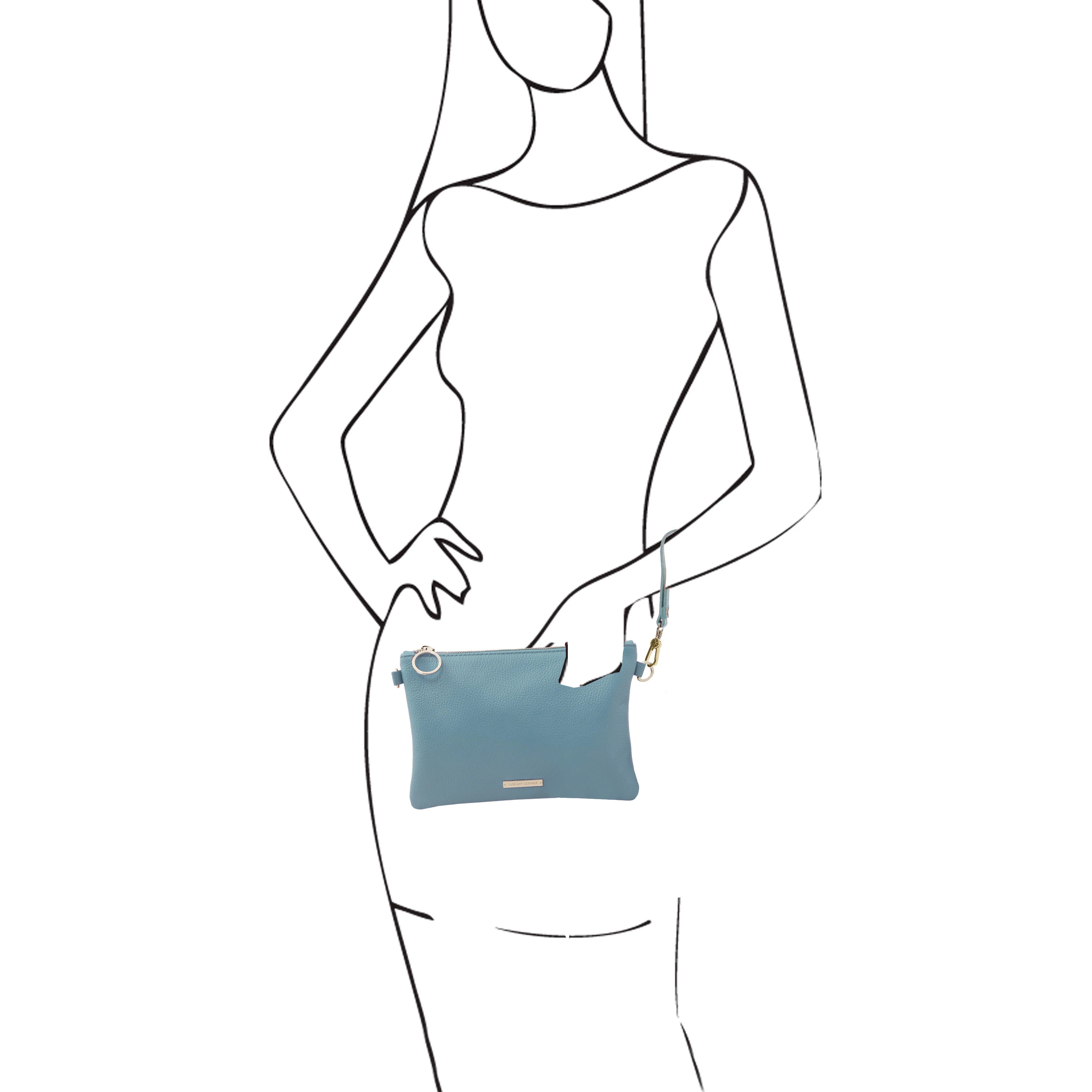 TL Bag Soft Leather Clutch in Light Blue on sketched model wearing shoulder strap L'Atelier Global