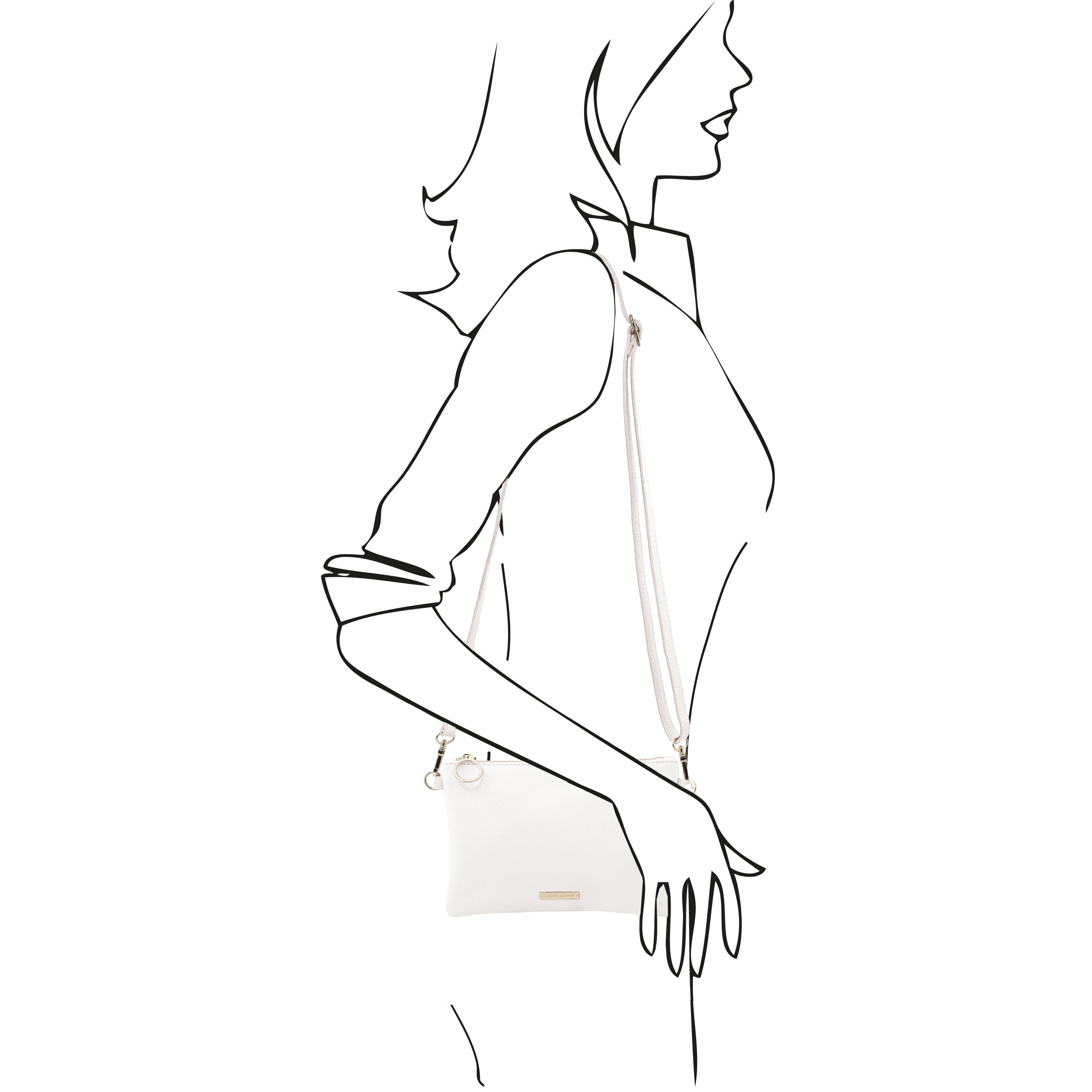 TL Bag Soft Leather Clutch in White with Shoulder Strap on White Background- L'Atelier Global