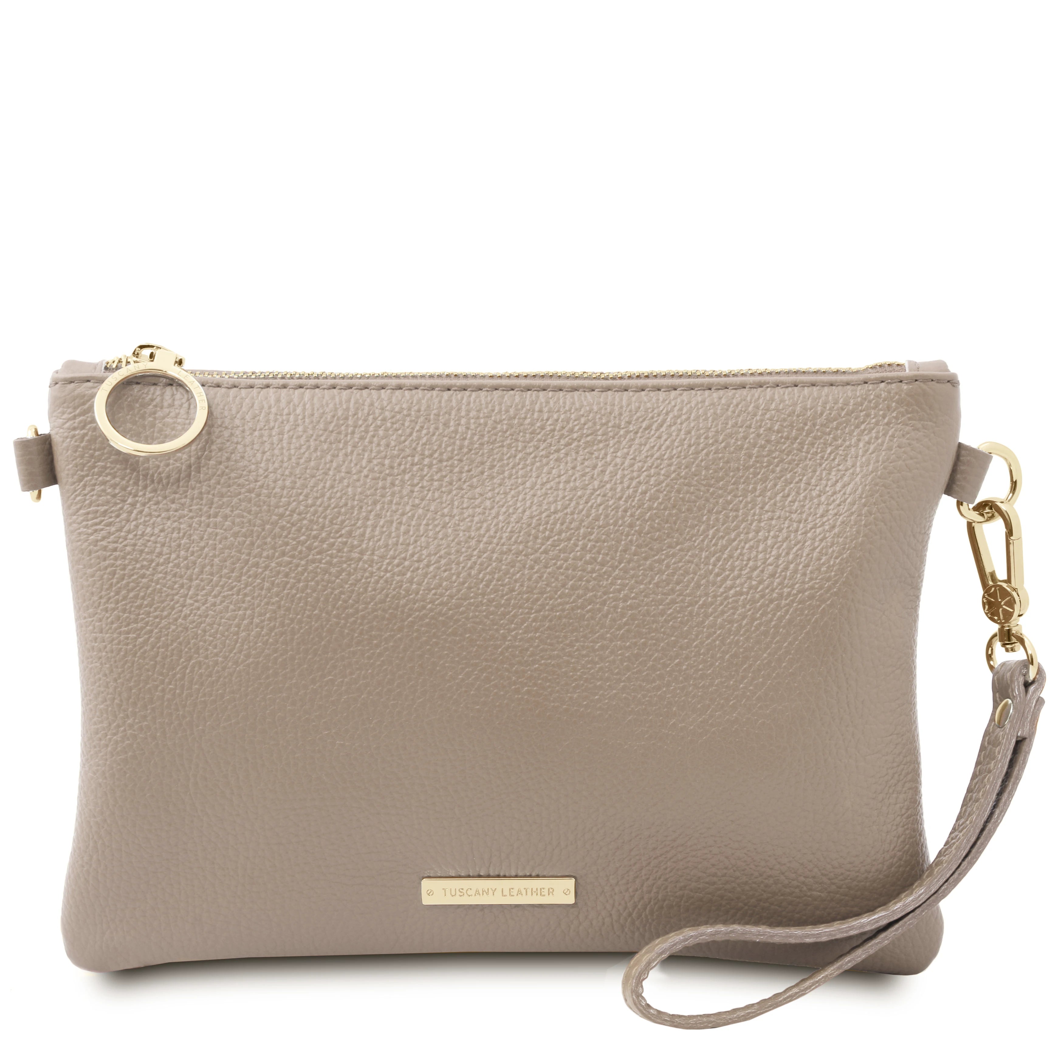 TL Bag Soft Leather Clutch in Light Taupe with Hand Strap on White Background- L'Atelier Global