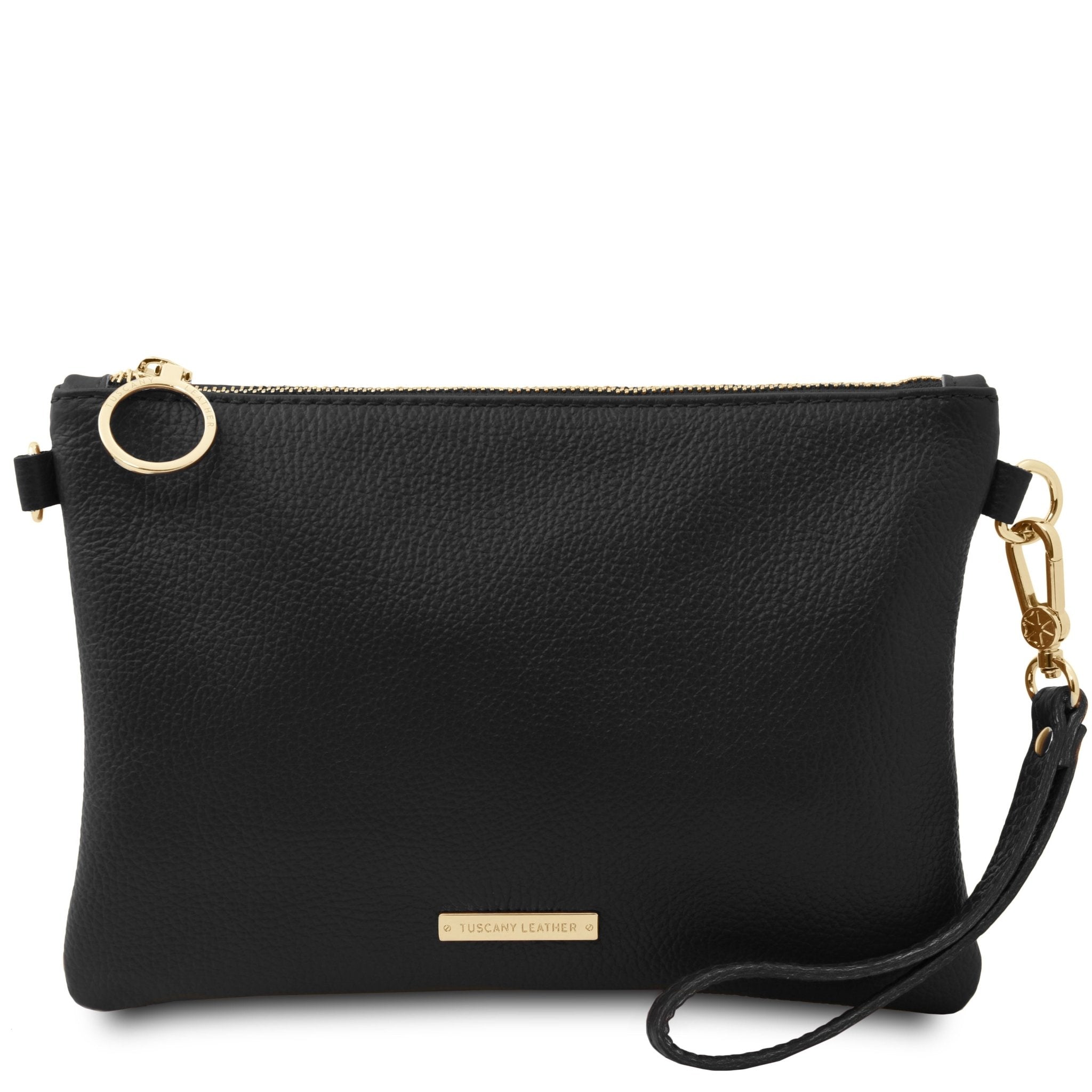 TL Bag Soft Leather Clutch in Black on White Background with hand strap