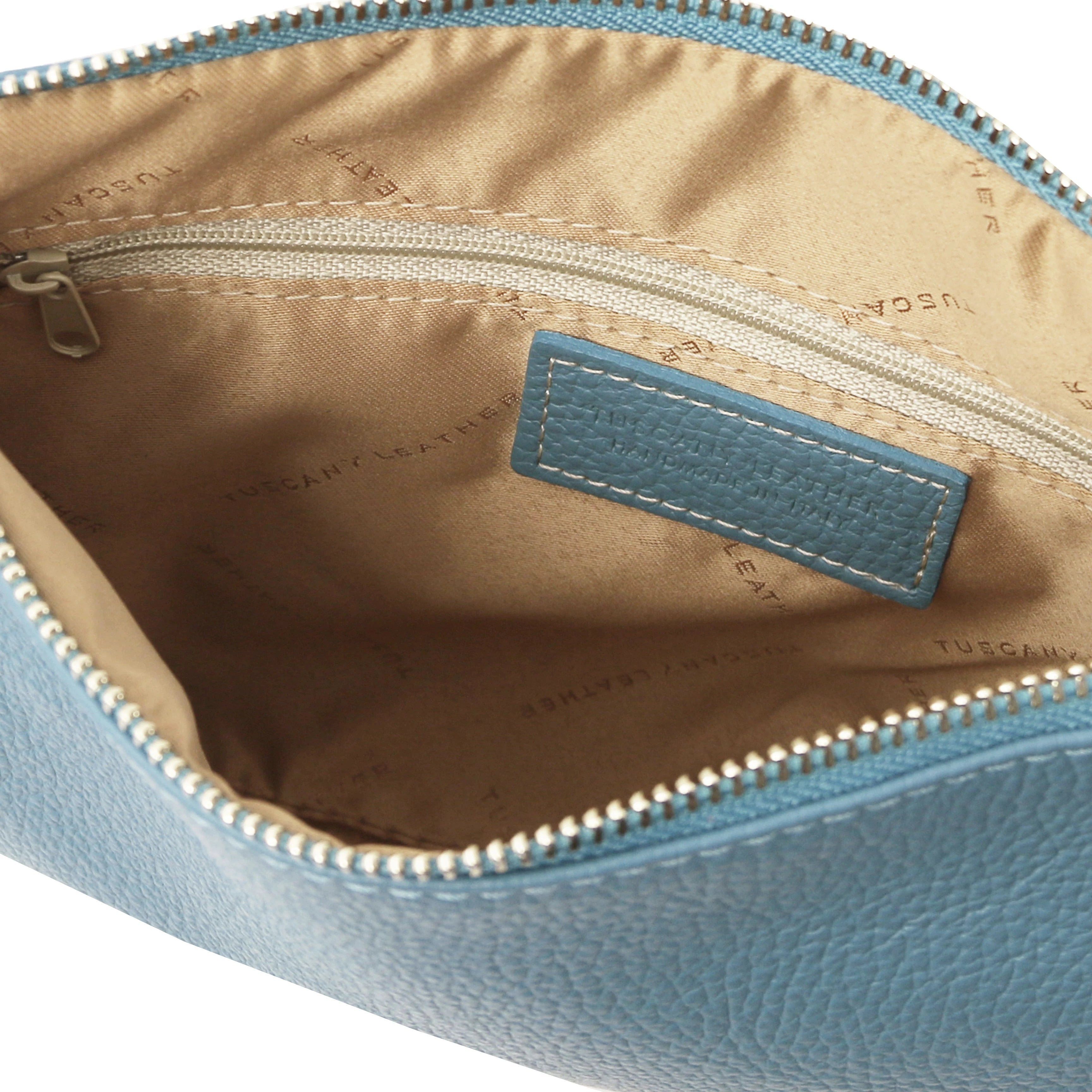TL Bag Soft Leather Clutch in Light Blue interior view on a white background - L'Atelier Global