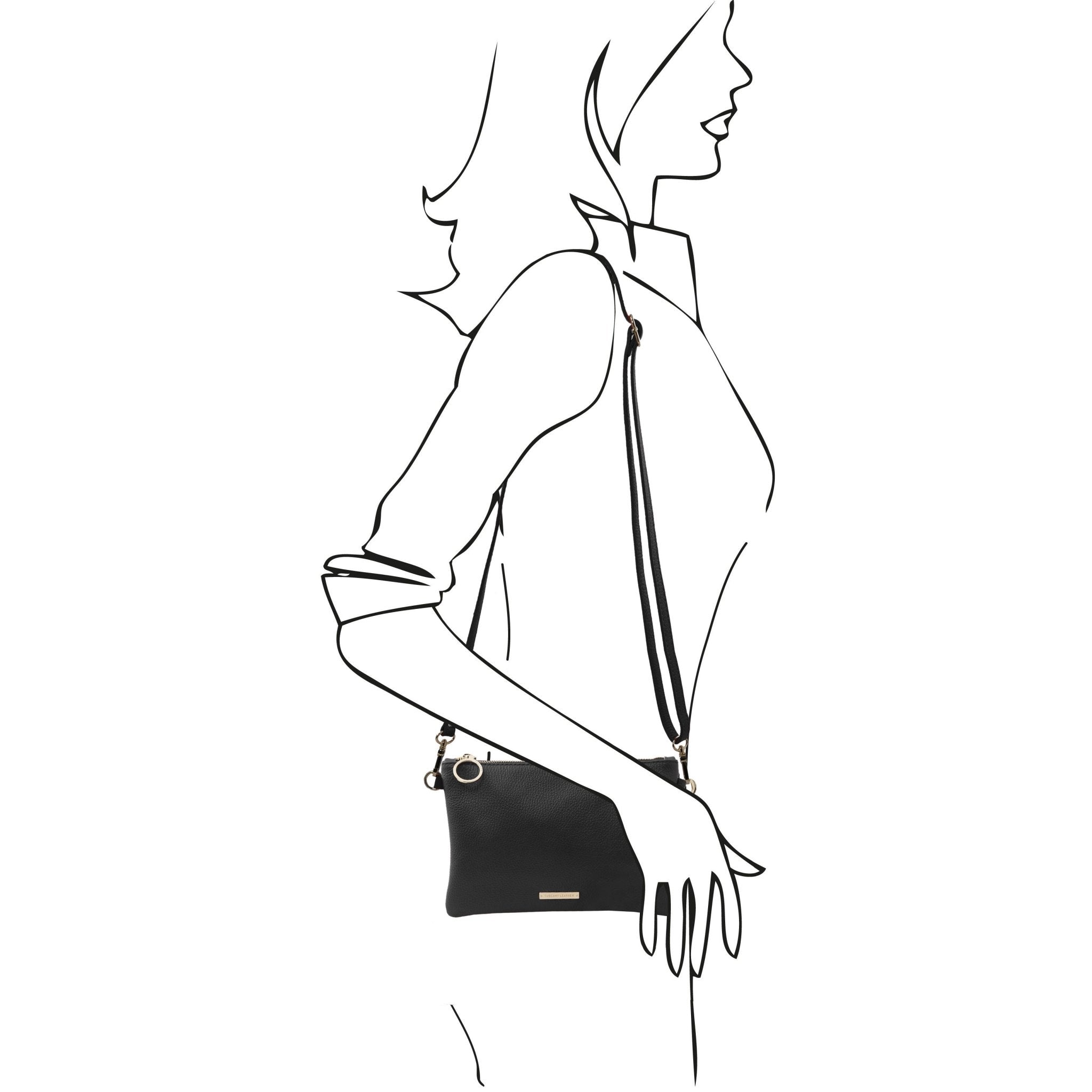 TL Bag Soft Leather Clutch in Black on sketched model wearing shoulder strap