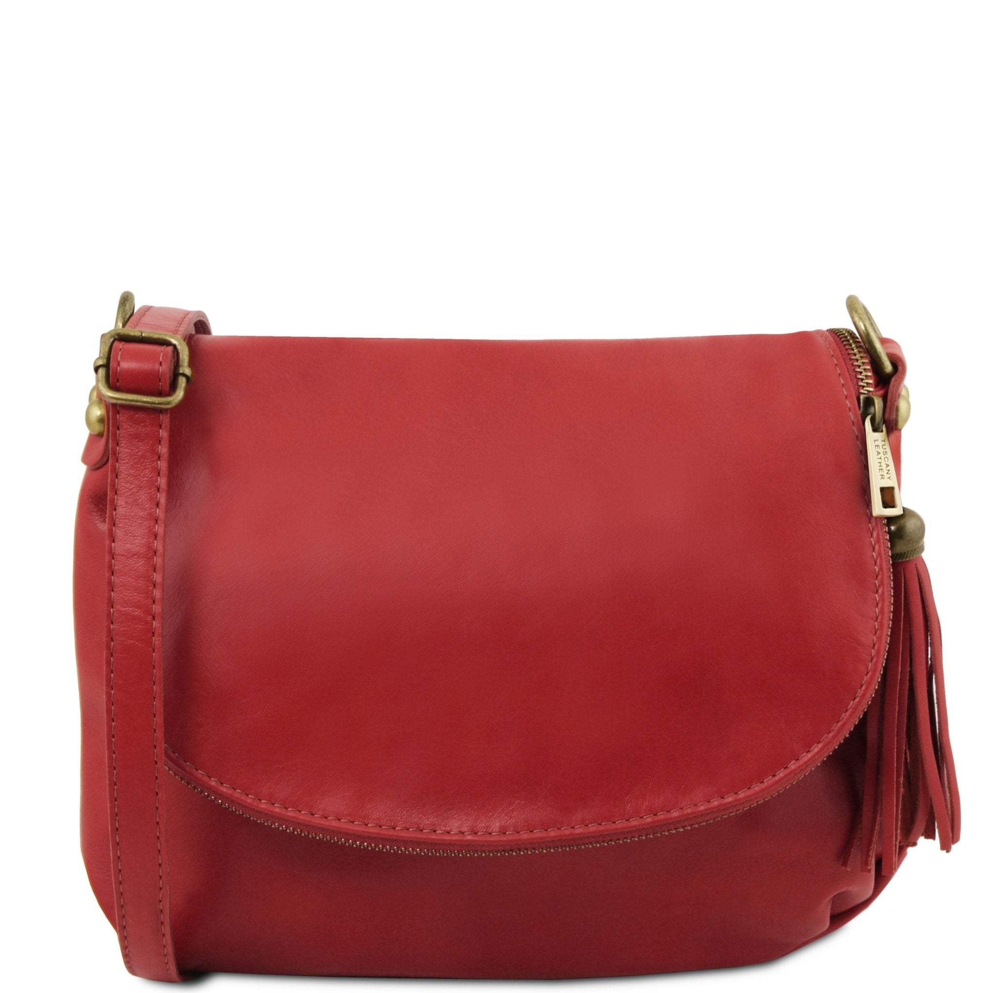 Front view TL Bag Soft Leather Shoulder Bag with Tassel Detail Small Size in red showing zippered flap cover, tassel and burnished gold hardware