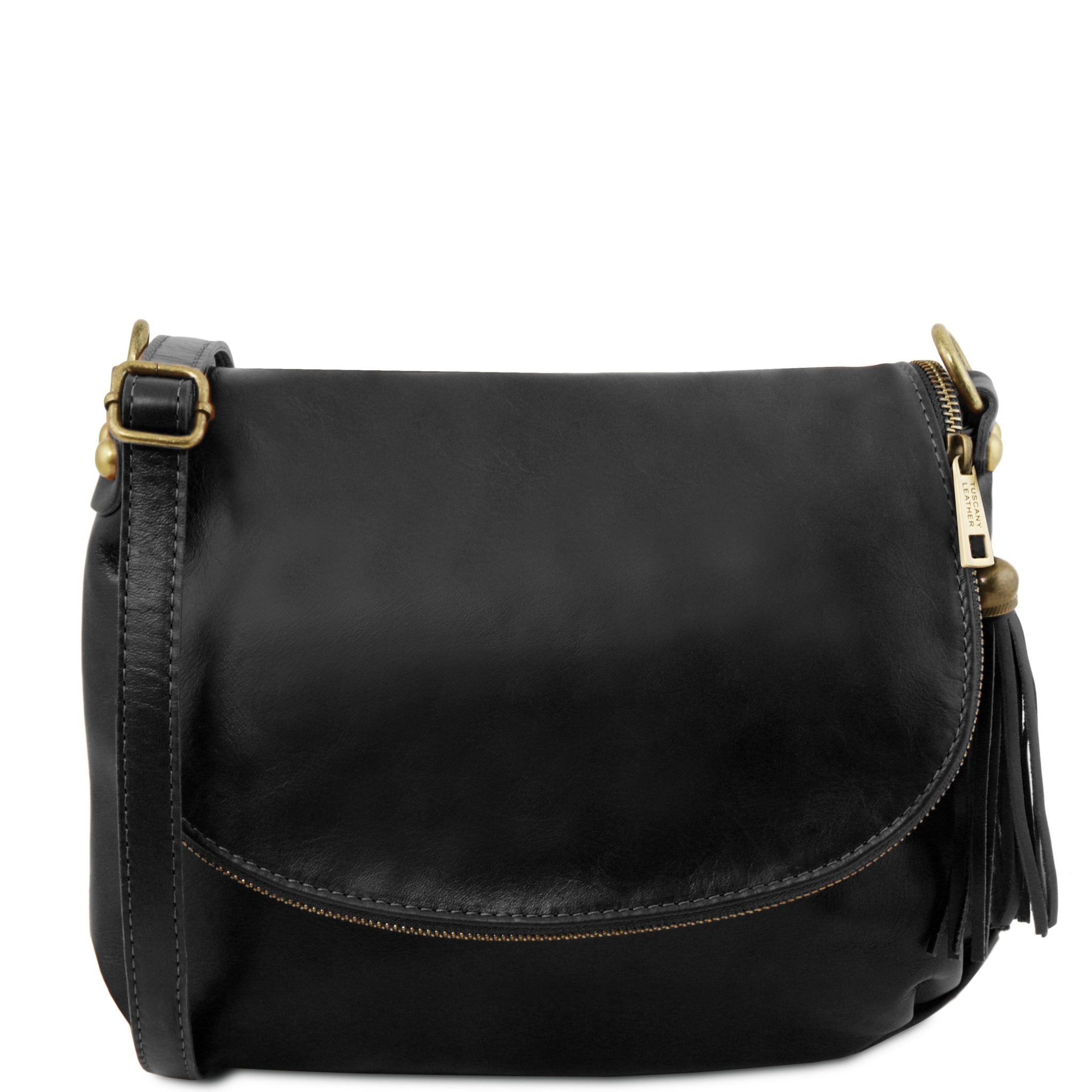 Front view TL Bag Soft Leather Shoulder Bag with Tassel Detail Small Size in black showing zippered flap cover, tassel and burnished gold hardware