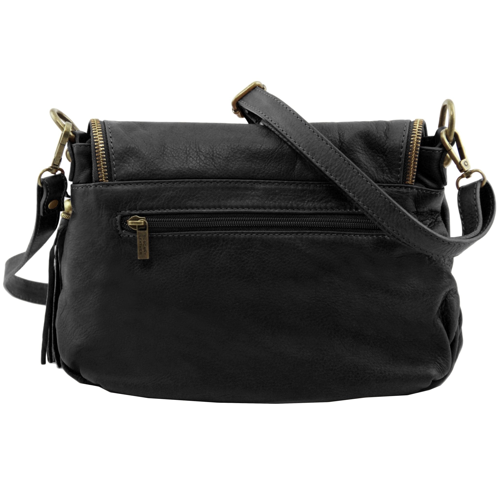 Back view TL Bag Soft Leather Shoulder Bag with Tassel Detail Small Size in black showing zippered pocket, crossbody strap and burnished gold hardware