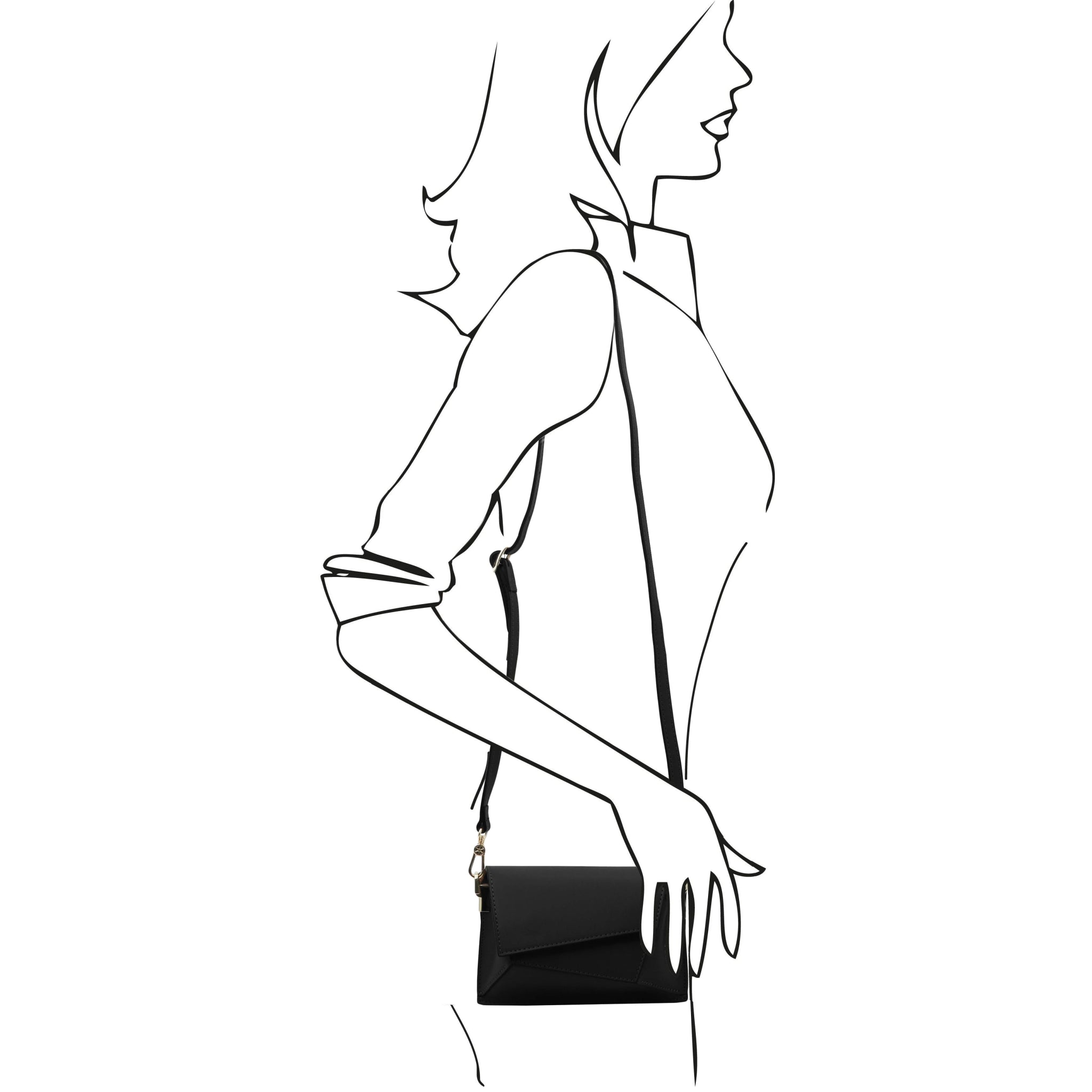 Black sketch of woman on white carrying the TL Leather Assymetrical Shoulder Bag in black on her shoulder