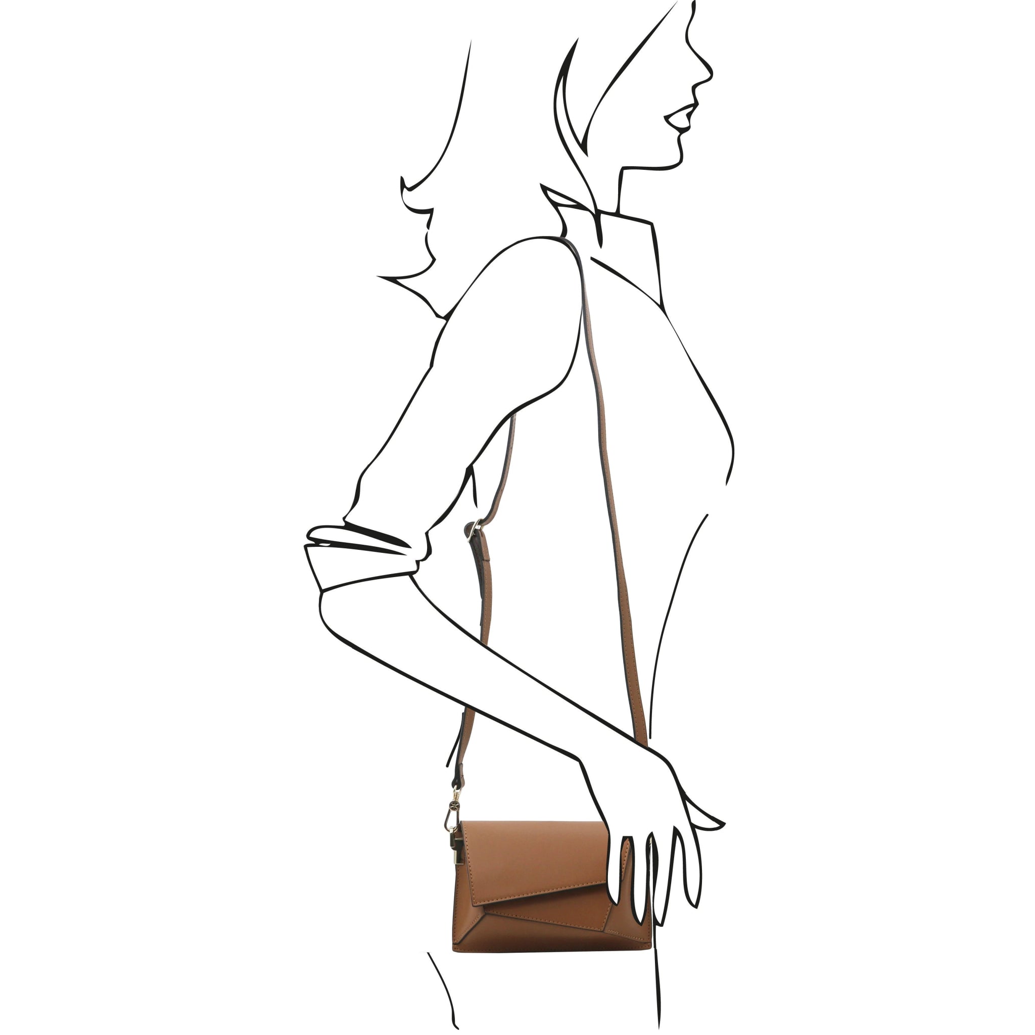 Black sketch of woman on white carrying the TL Leather Assymetrical Shoulder Bag in cognac on her shoulder