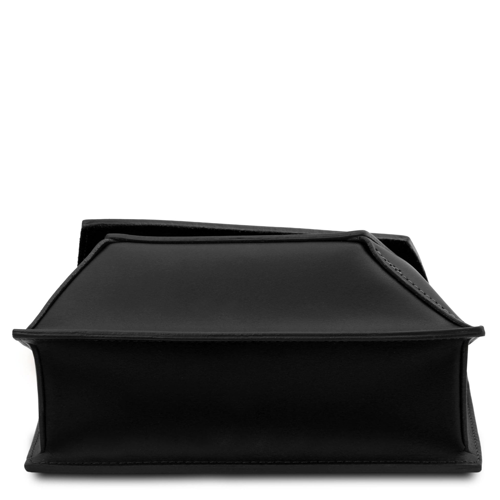 Bottom view TL Leather Assymetrical Shoulder Bag  in Black showing edged leather finish