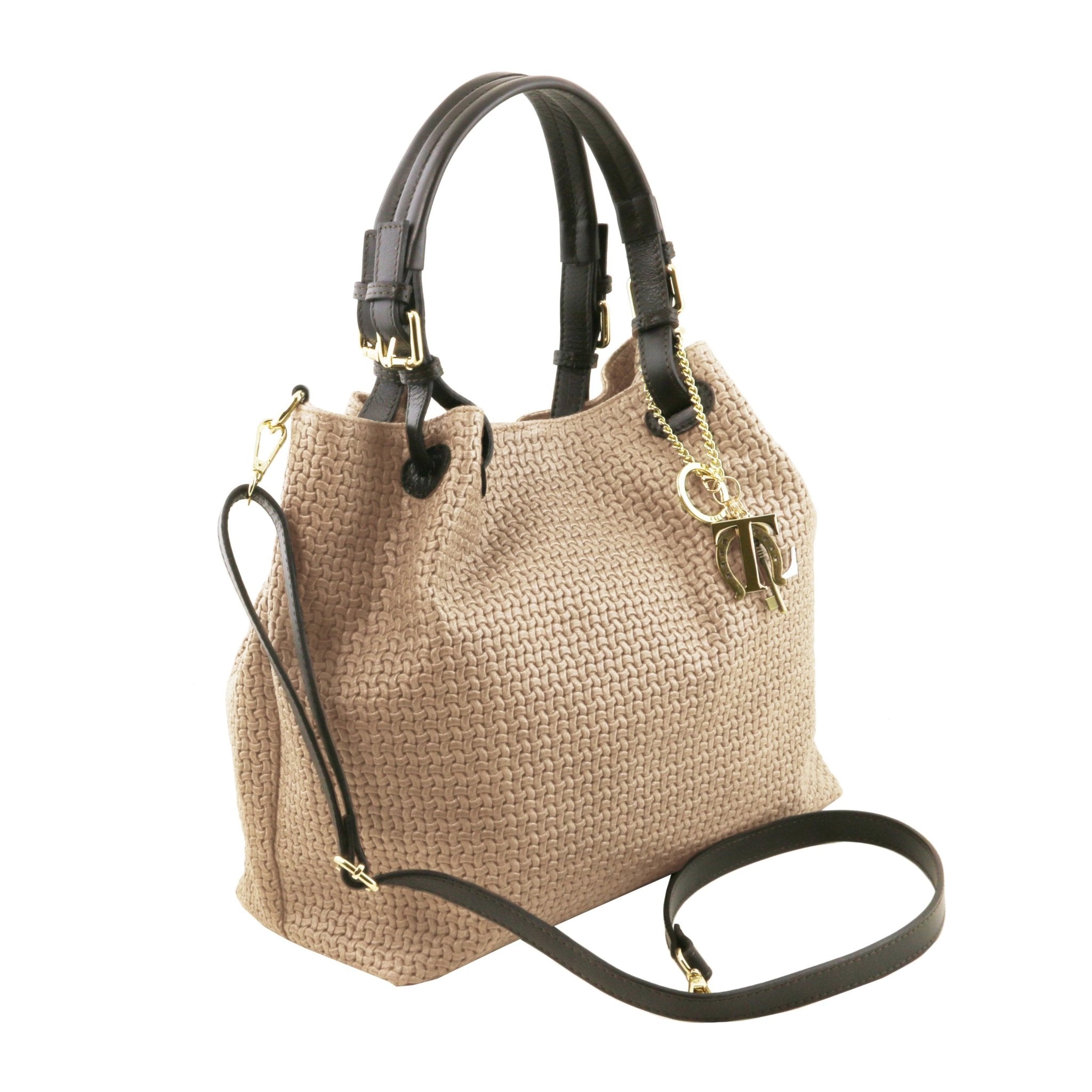 Side view of the TL Keyluck Woven Printed Leather Shopping Bag in Beige on a white background