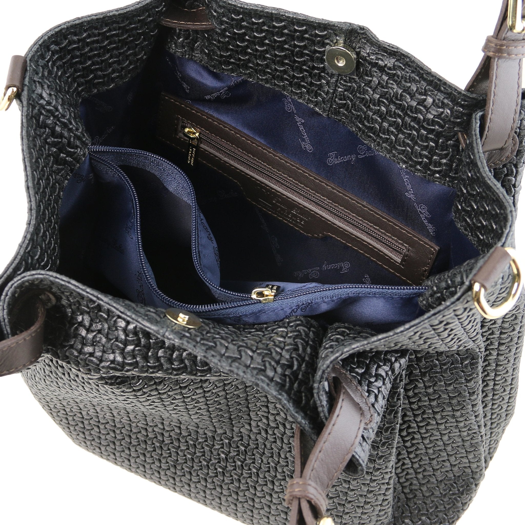 Interior pocket and navy lining view of the TL Keyluck Woven Printed Leather Shopping Bag in Black