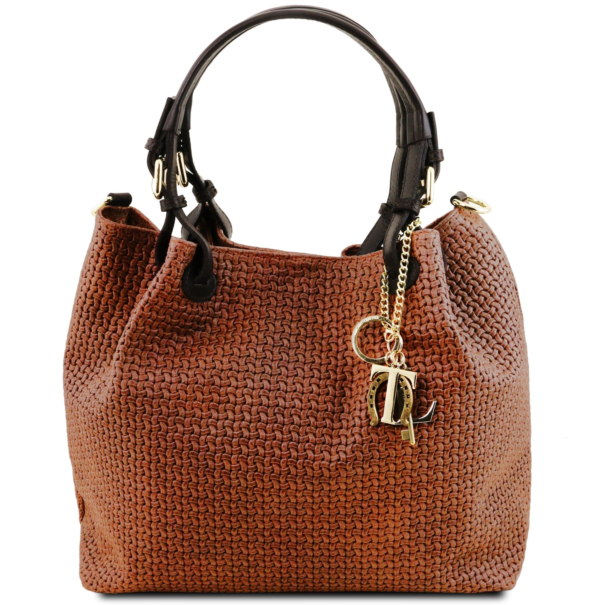 Front view of the TL Keyluck Woven Printed Leather Shopping Bag in Cinnamon on a white background- L'Atelier Global