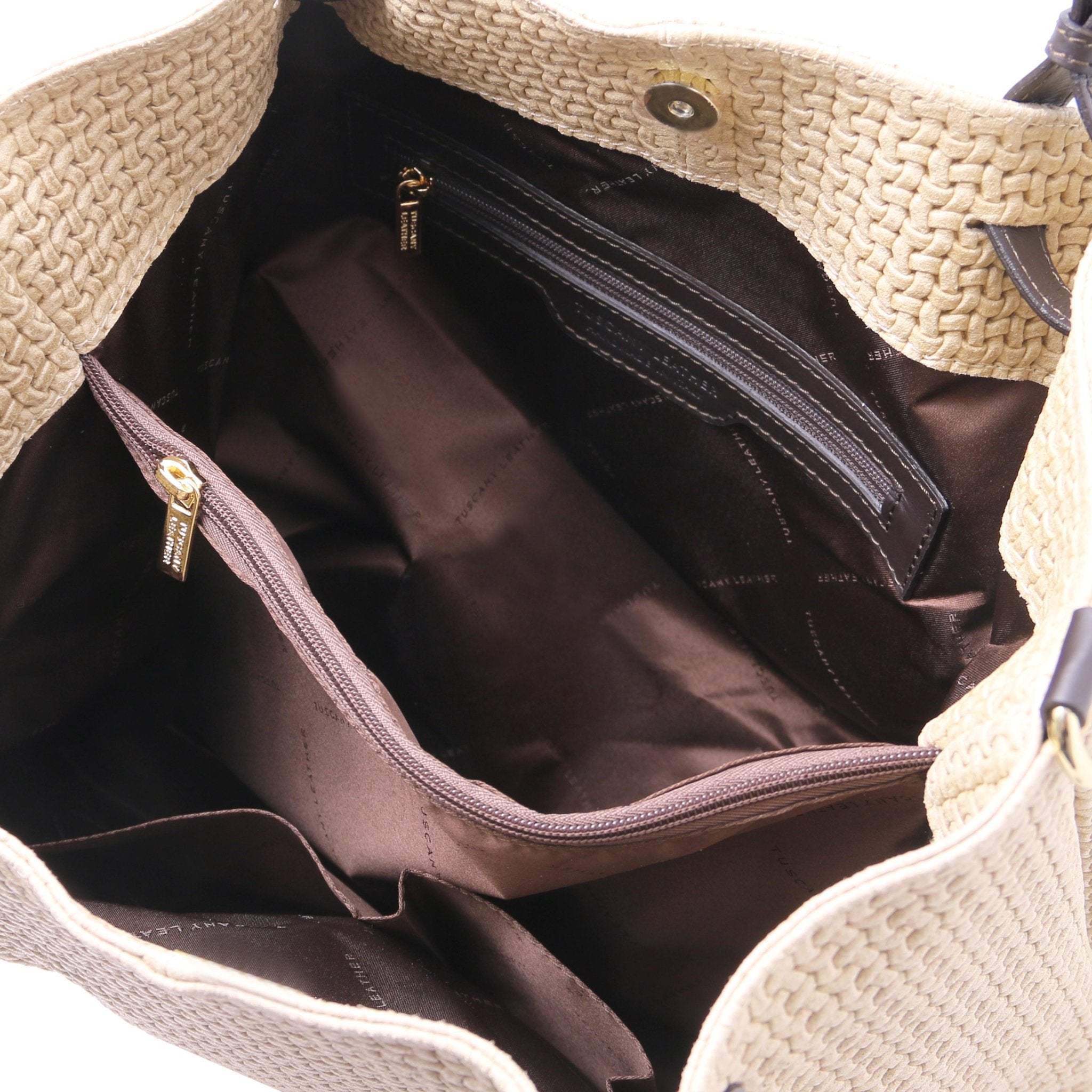 Interior pocket and dark brown lining view of the TL Keyluck Woven Printed Leather Shopping Bag in Beige