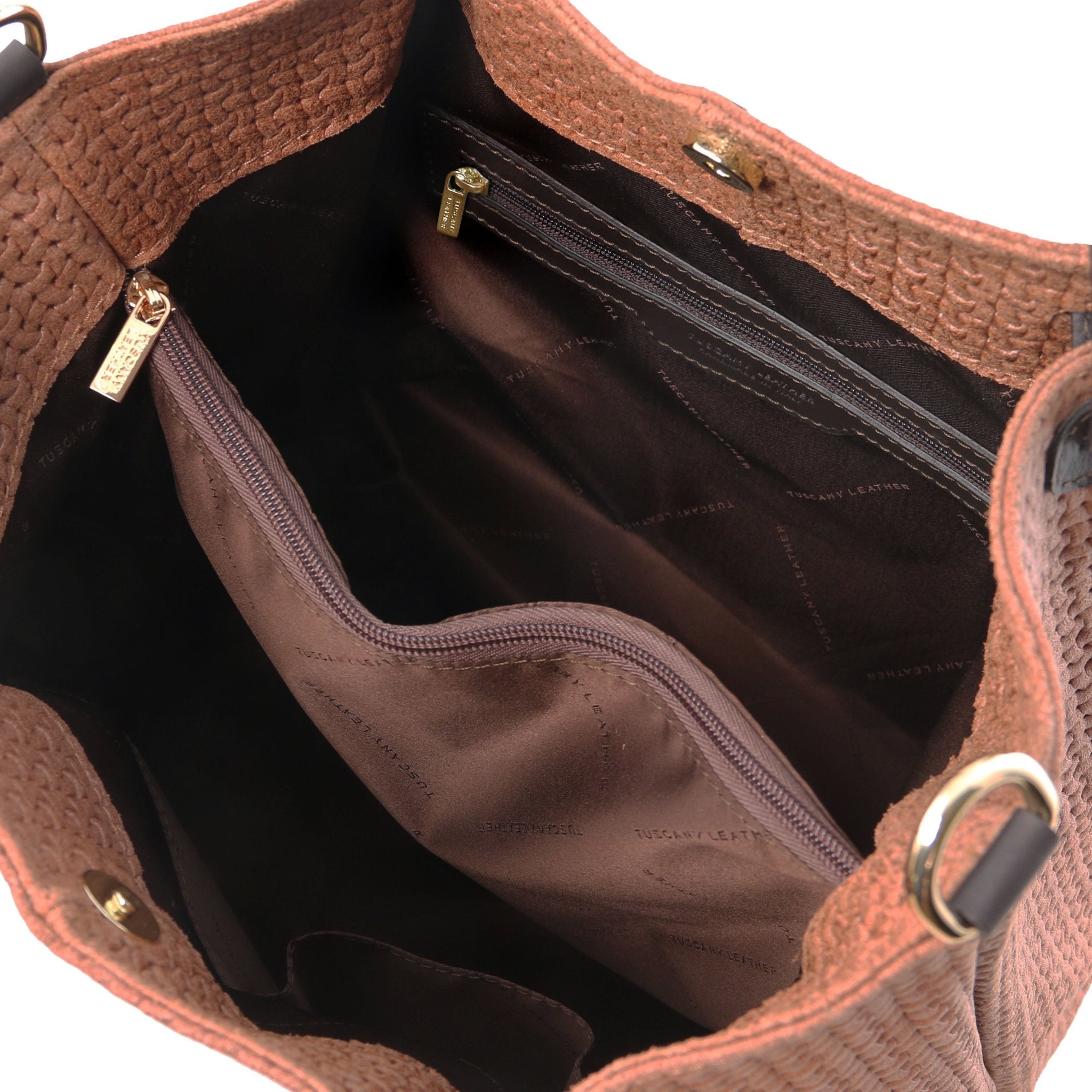 Interior pocket and dark brown lining view of the TL Keyluck Woven Printed Leather Shopping Bag in Cinnamon on a white background- L'Atelier Global