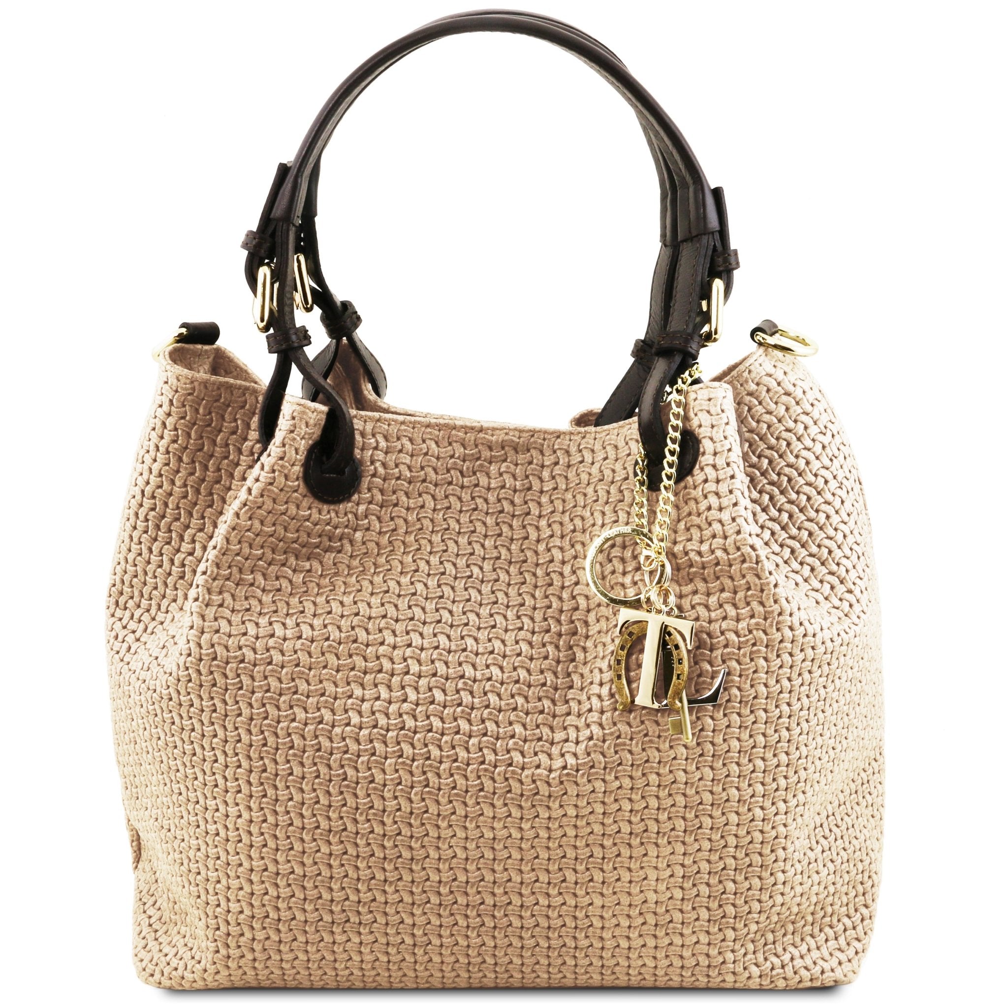 Front view TL Keyluck Woven Printed Leather Shopping Bag Beige on white background