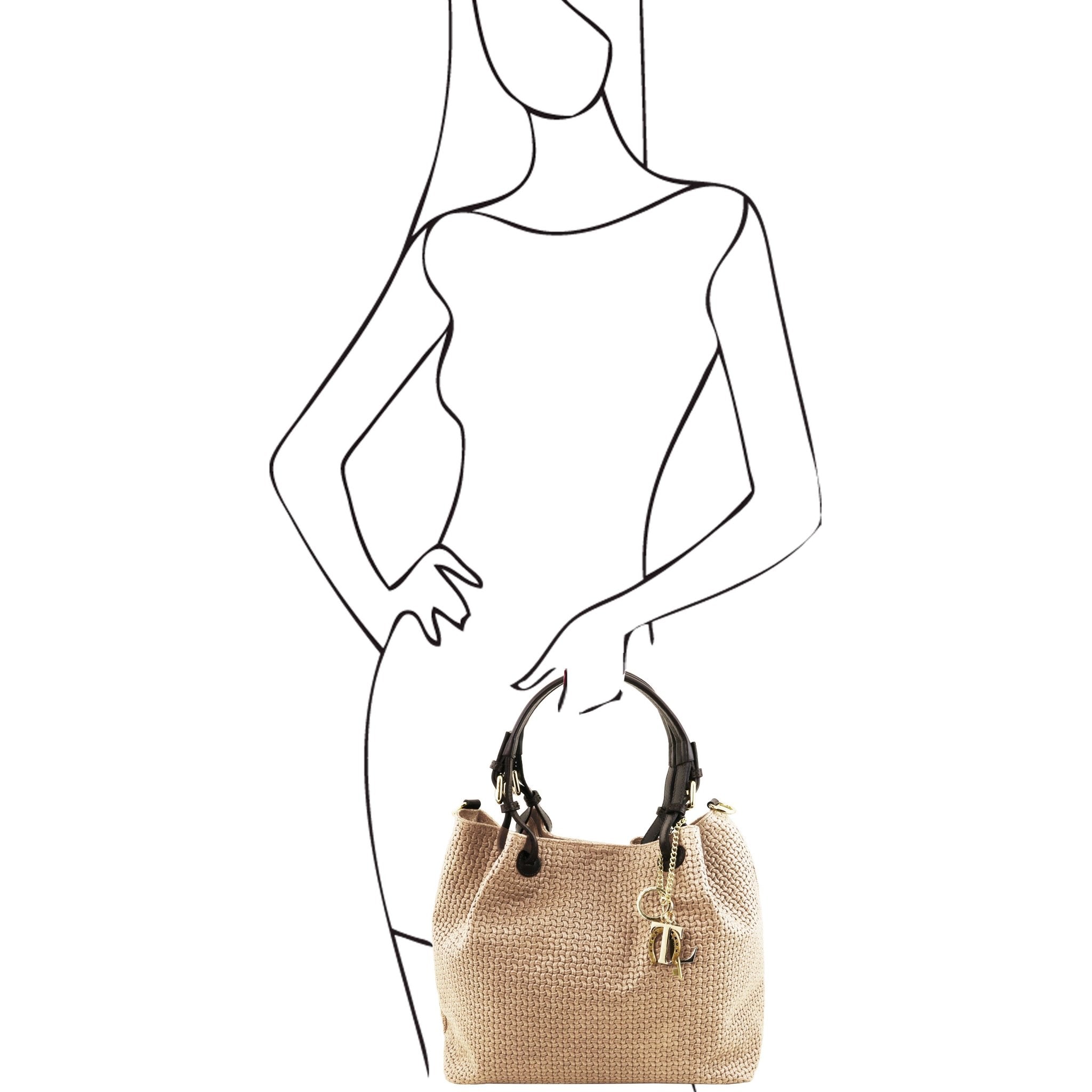 A black on white sketch of a woman holding the TL Keyluck Woven Printed Leather Shopping Bag in Beige