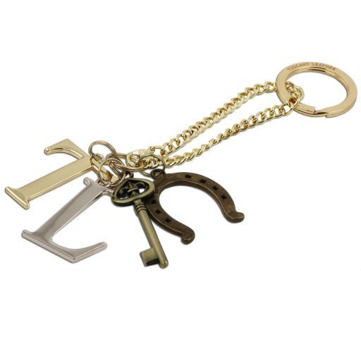 TL Keyluck Woven Printed Leather Shopping Bag keychain accessory with burnished gold and silver T, L, key and horseshoe.