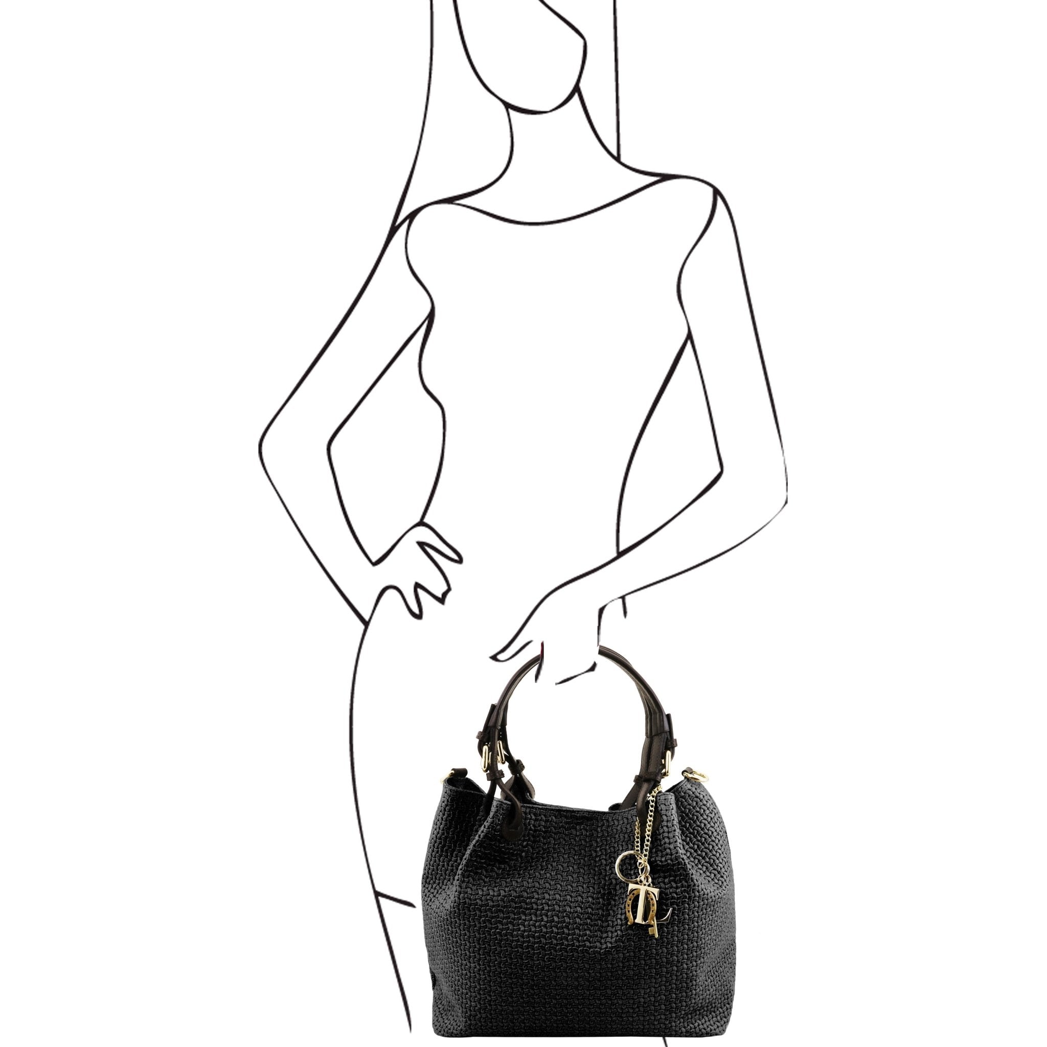 A sketch of a woman holding the TL Keyluck Woven Printed Leather Shopping Bag in Black - L'Atelier Global