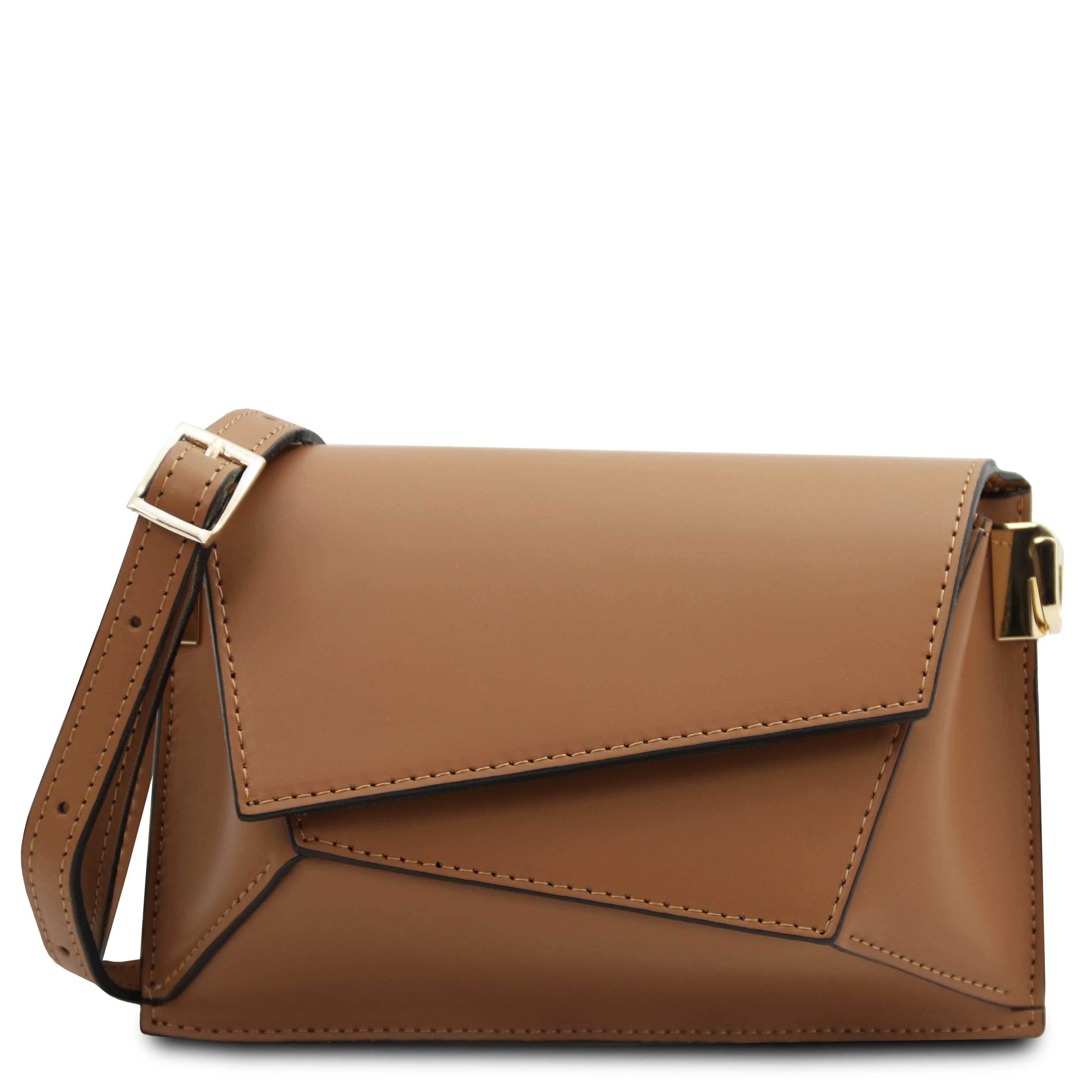 Front view TL Leather Assymetrical Shoulder Bag in Cognac showing geometric stitching design and shoulder strap - L'Atelier Global