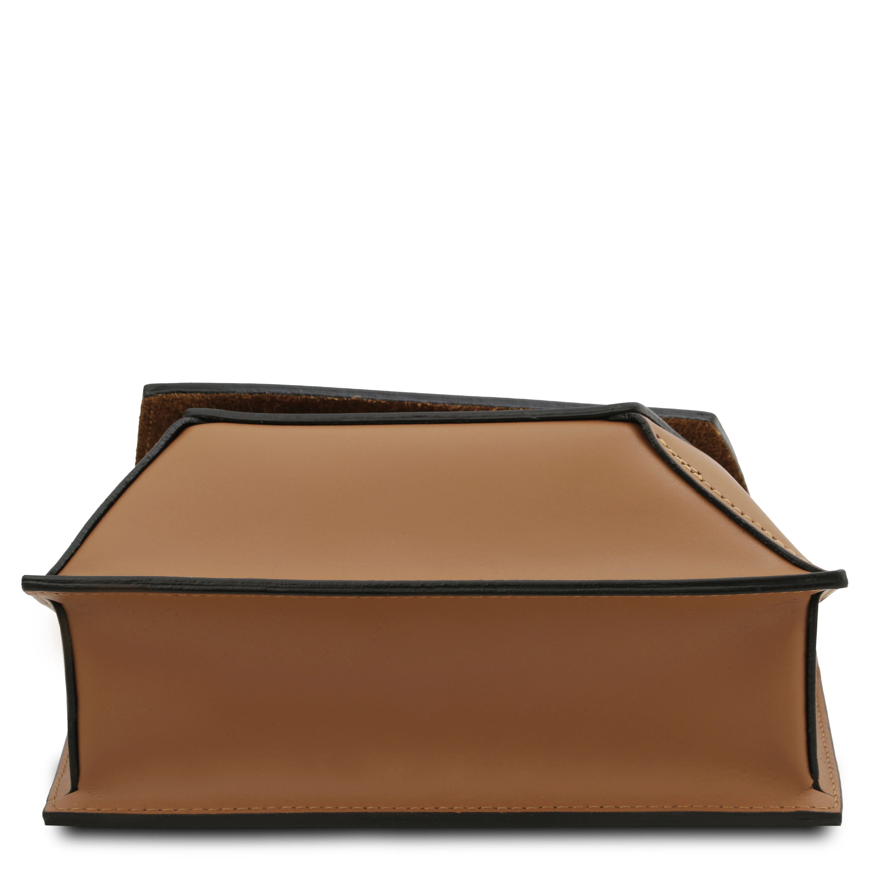 Bottom view TL Leather Assymetrical Shoulder Bag in Cognac showing edged leather finish