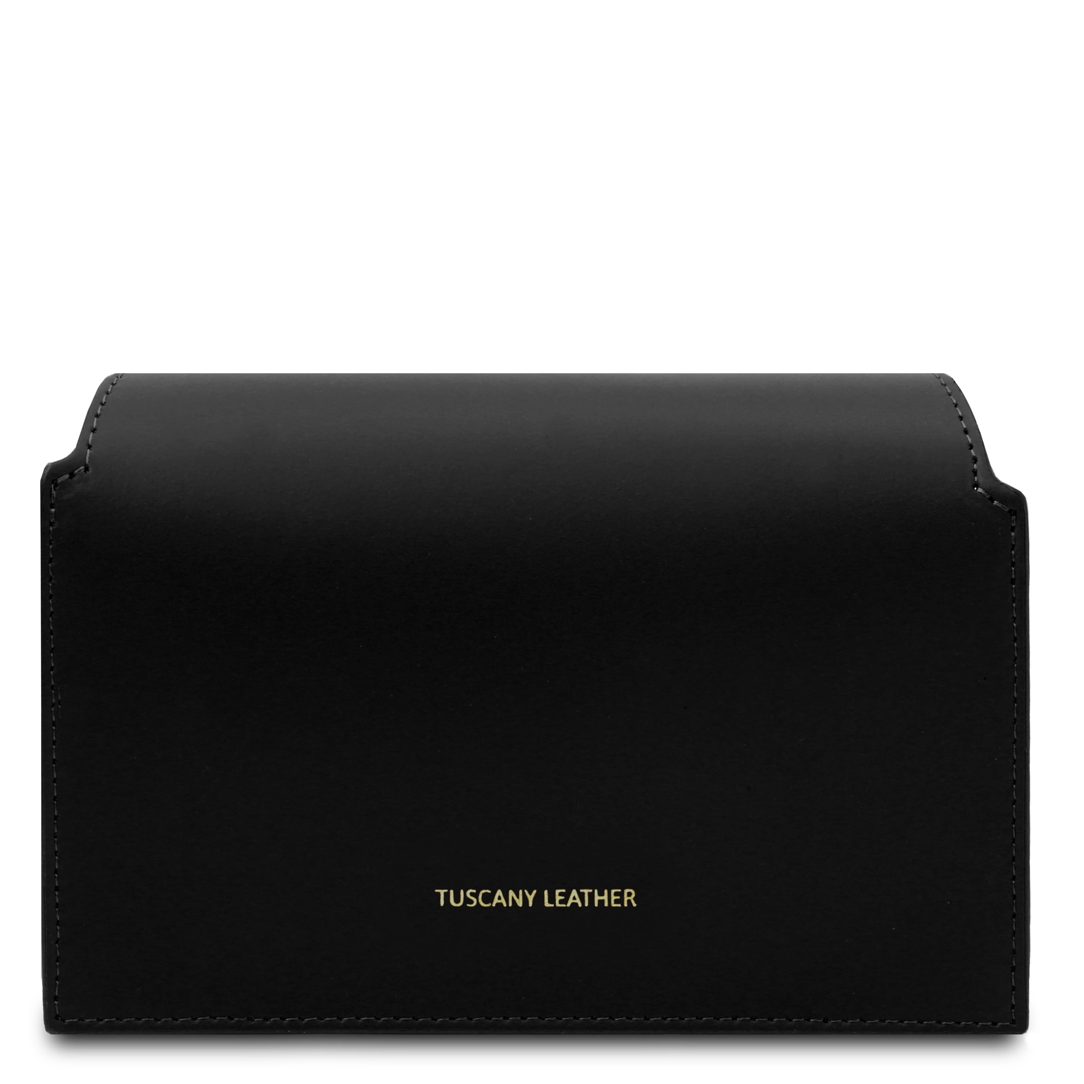 Back view TL Leather Assymetrical Shoulder Bag in Black showing Tuscany Leather gold brandng