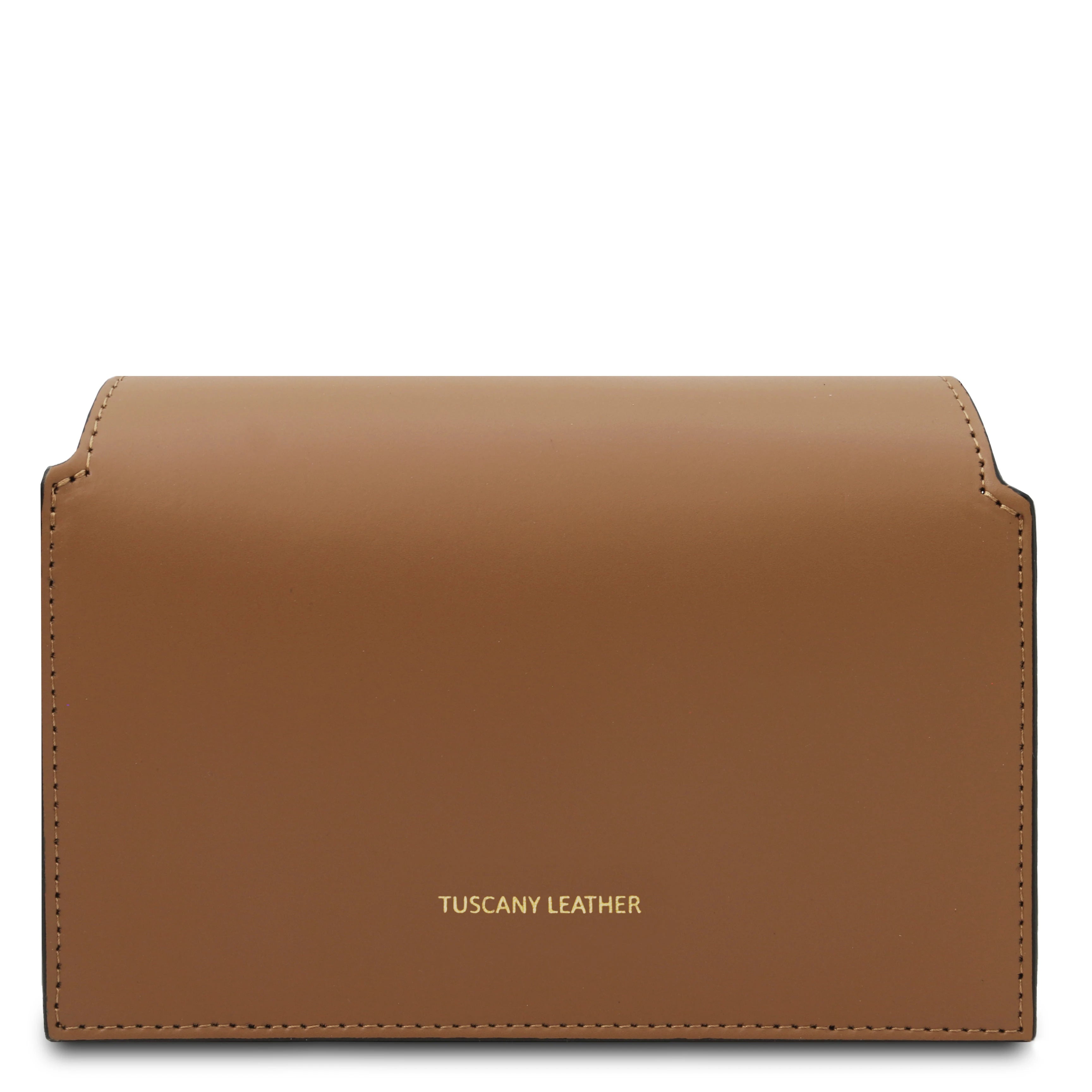 Back view TL Leather Assymetrical Shoulder Bag in Cognac showing Tuscany Leather gold brandng