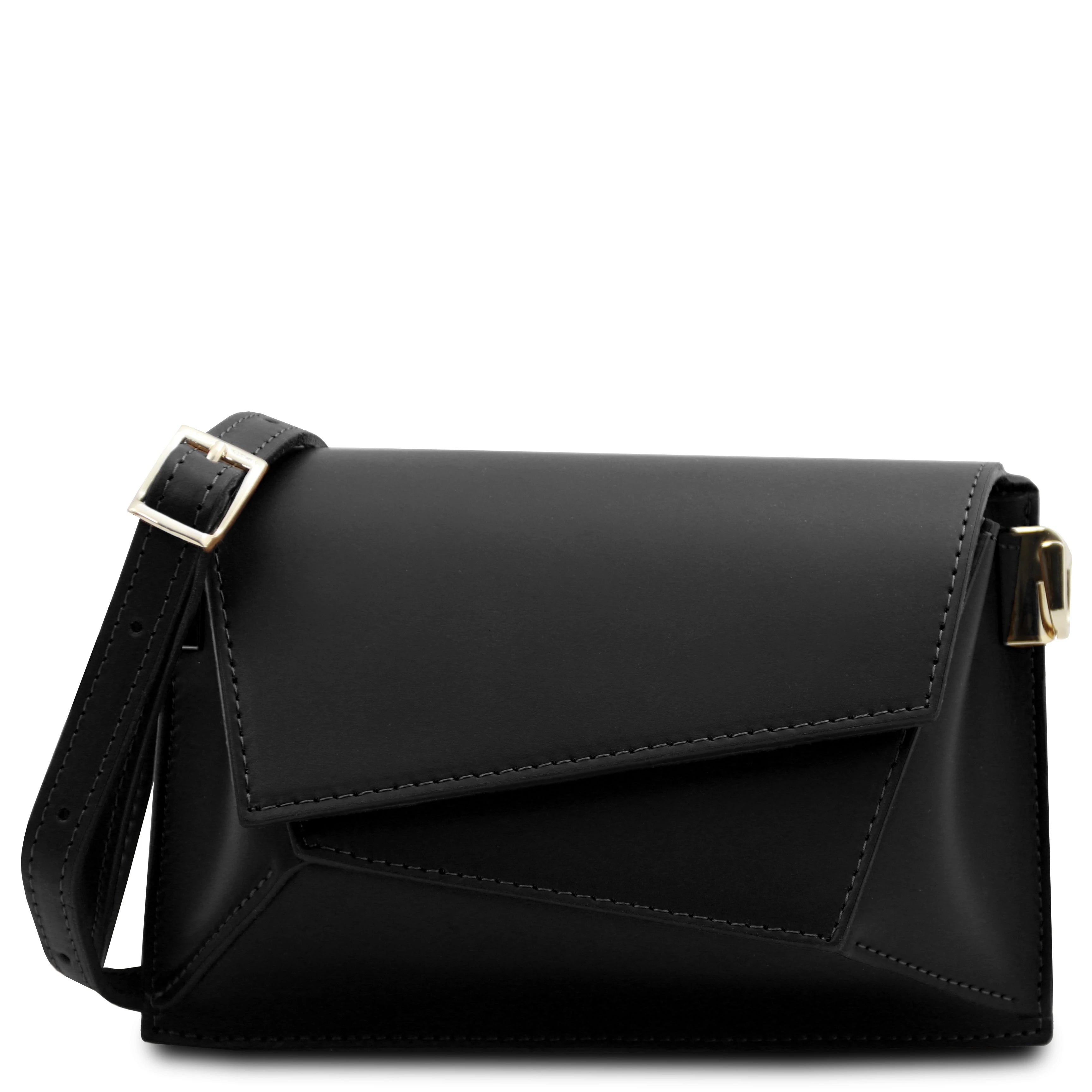 Front view TL Leather Assymetrical Shoulder Bag in Black showing geometric stitching design and shoulder strap