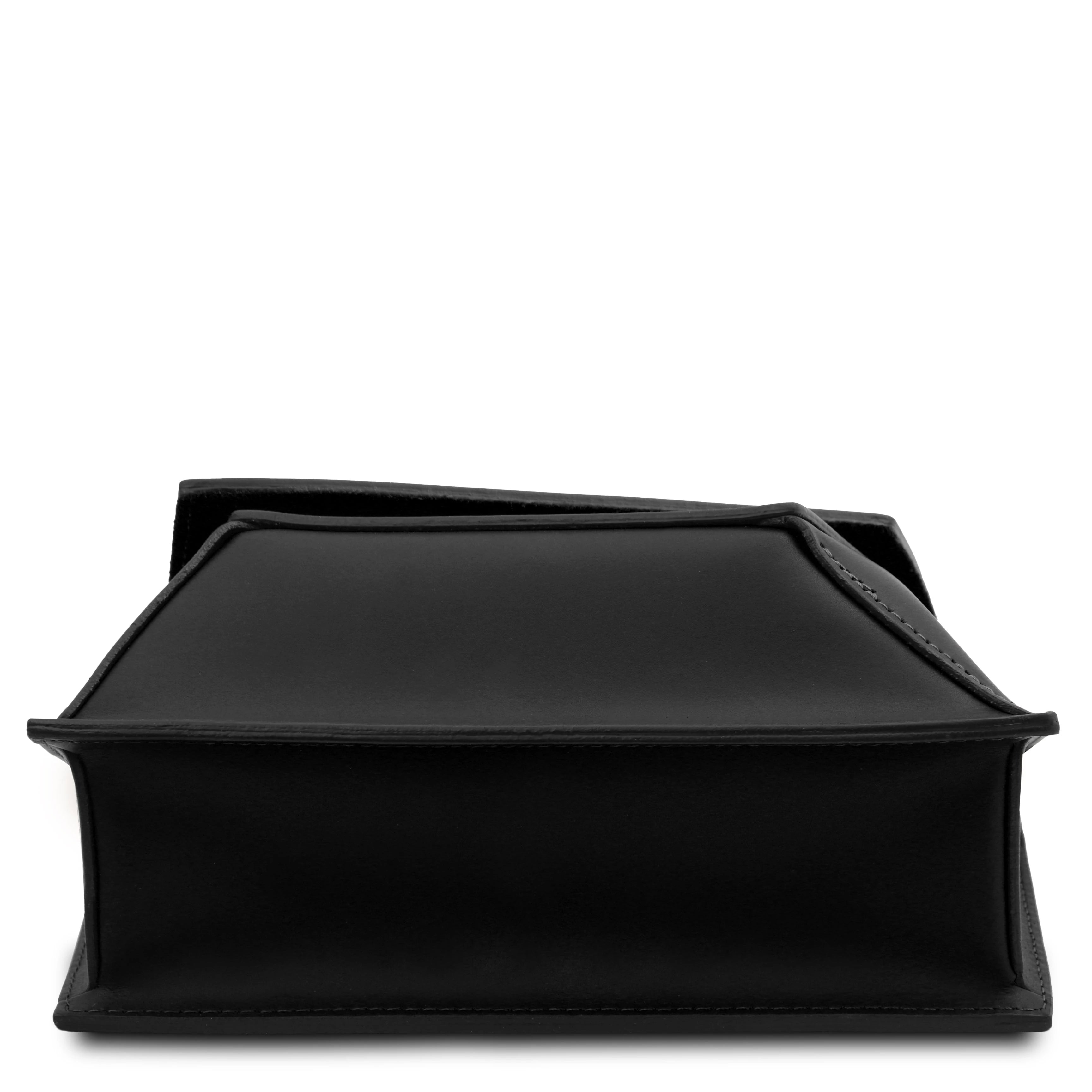 Bottom view TL Leather Assymetrical Shoulder Bag in Black showing edged leather finish