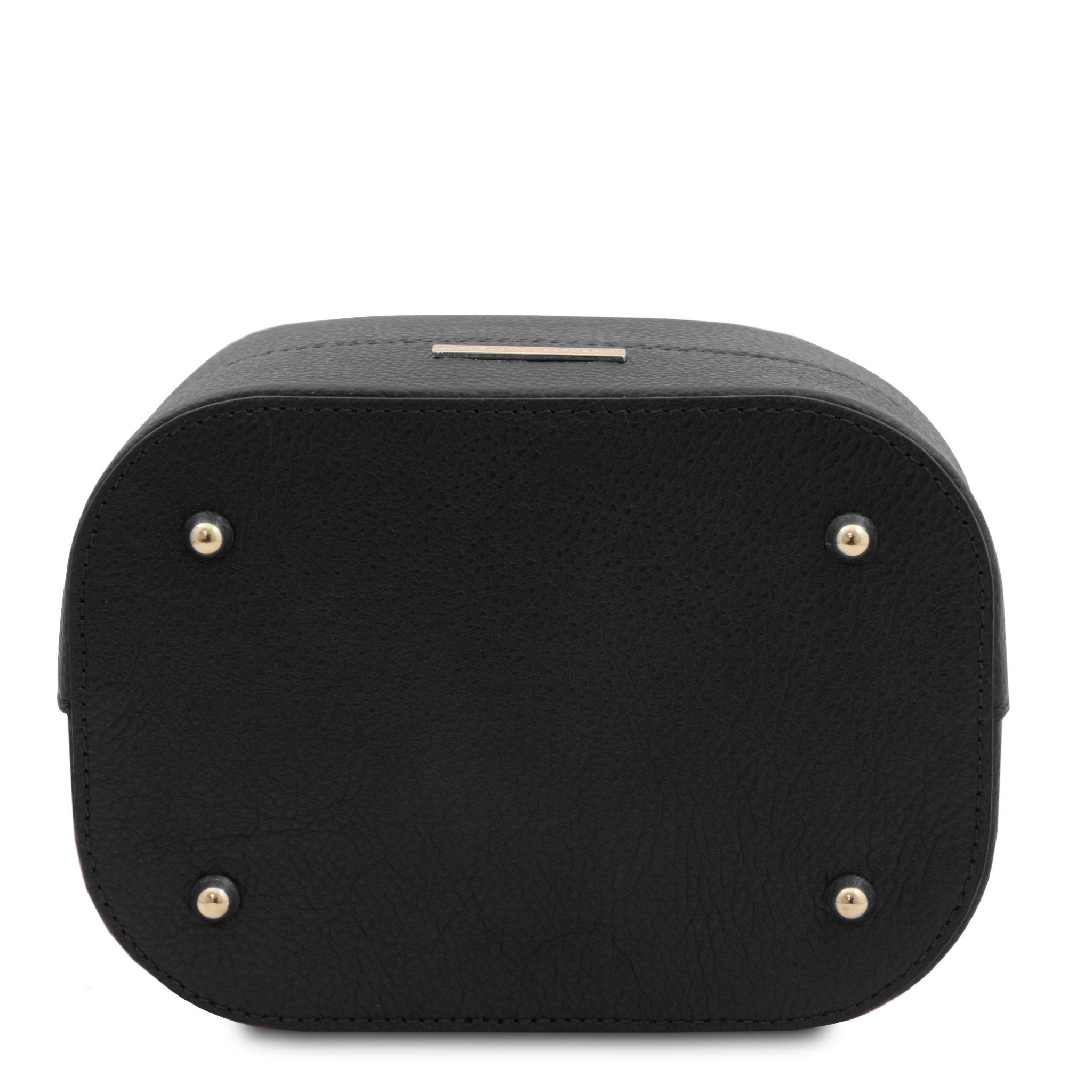 Bottom view TL Italian Leather Bucket Bag in black with four gold protective feet
