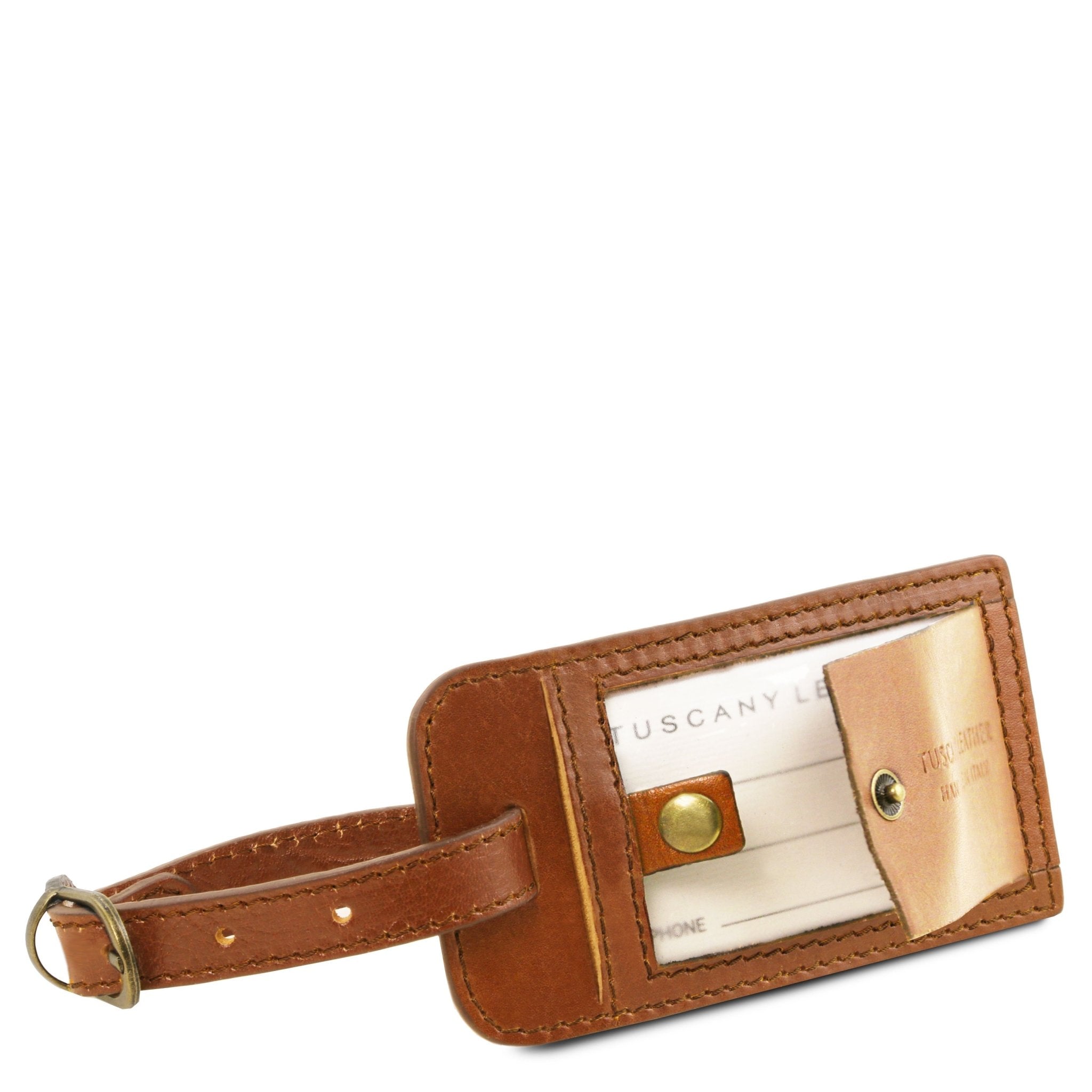 TL Voyager Leather Travel Bag with Front Pocket in Honey luggage tag