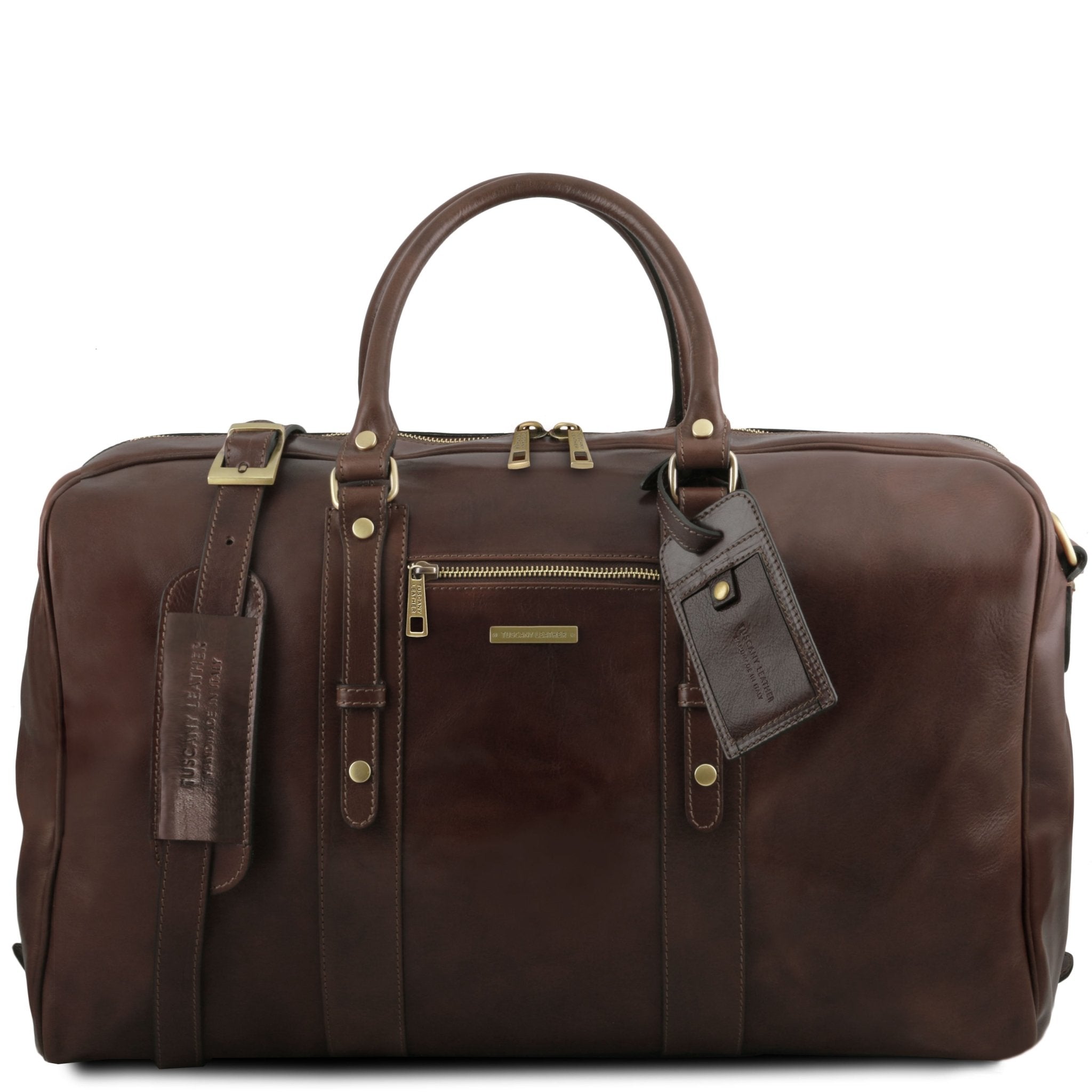 Front view TL Voyager Leather Travel Bag with Front Pocket in Dark Brown on a white background with brushed brass tone hardware