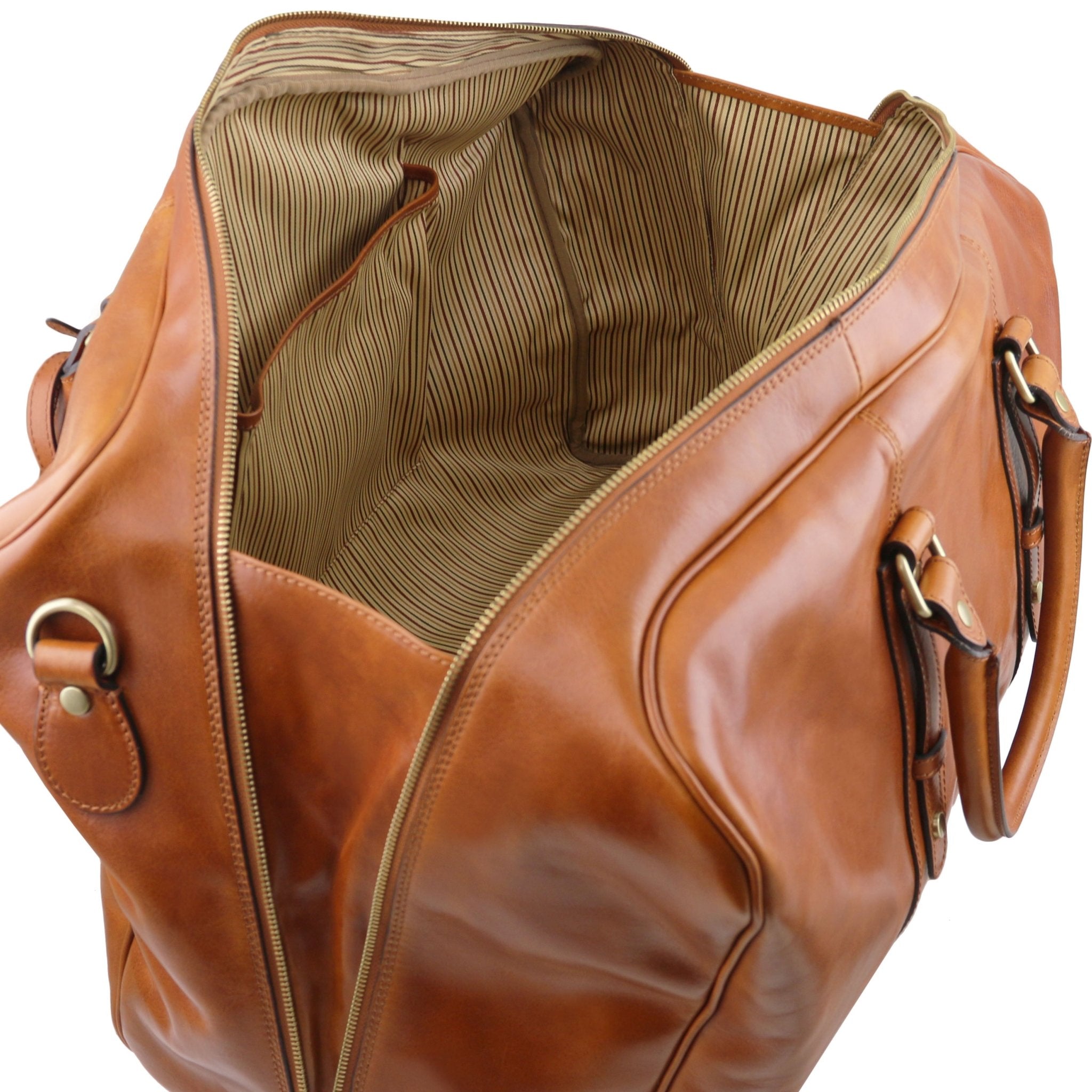 Interior open pocket view TL Voyager Leather Travel Bag with Front Pocket in Honey on a white background