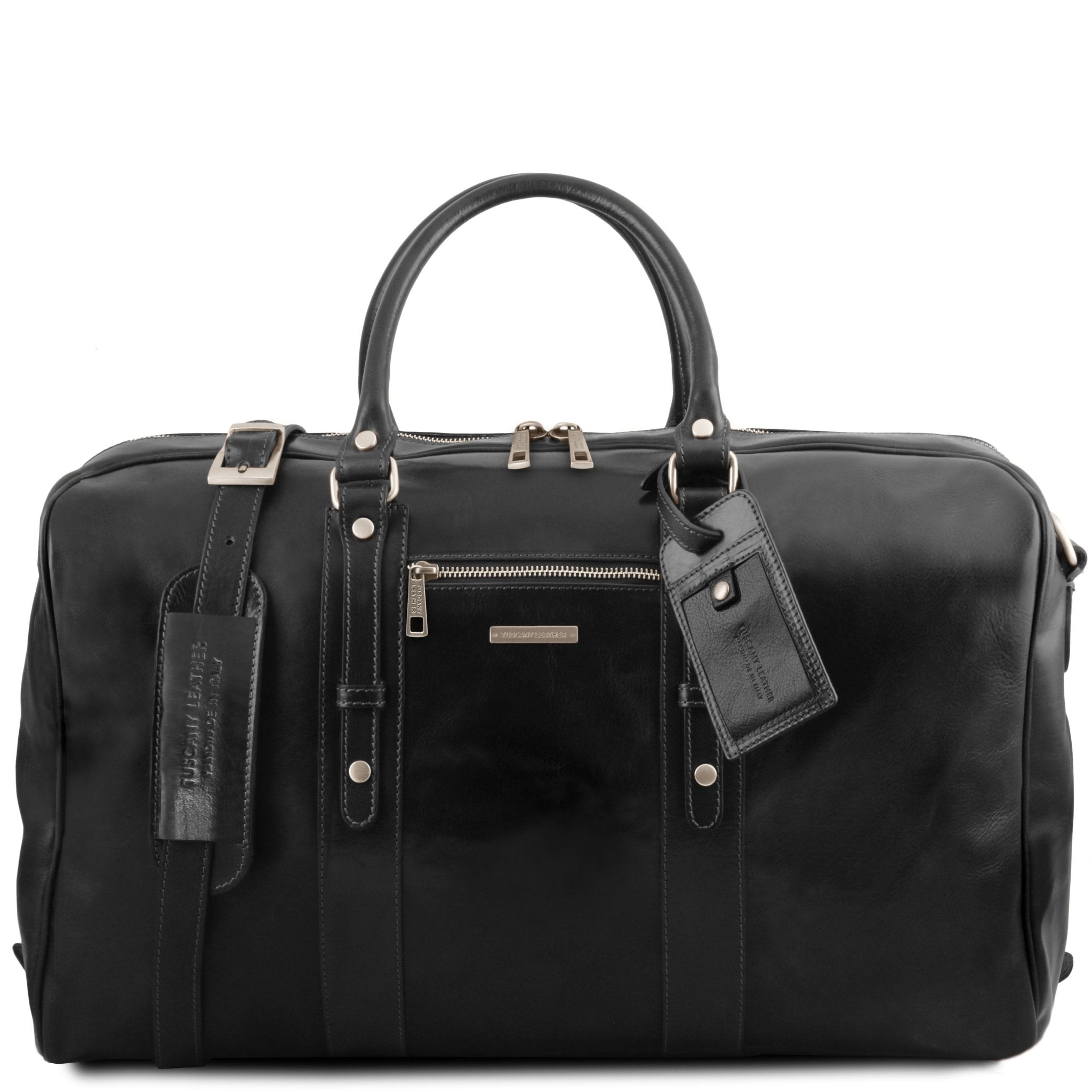 Front view TL Voyager Leather Travel Bag with Front Pocket in Black on a white background with silver tone hardware