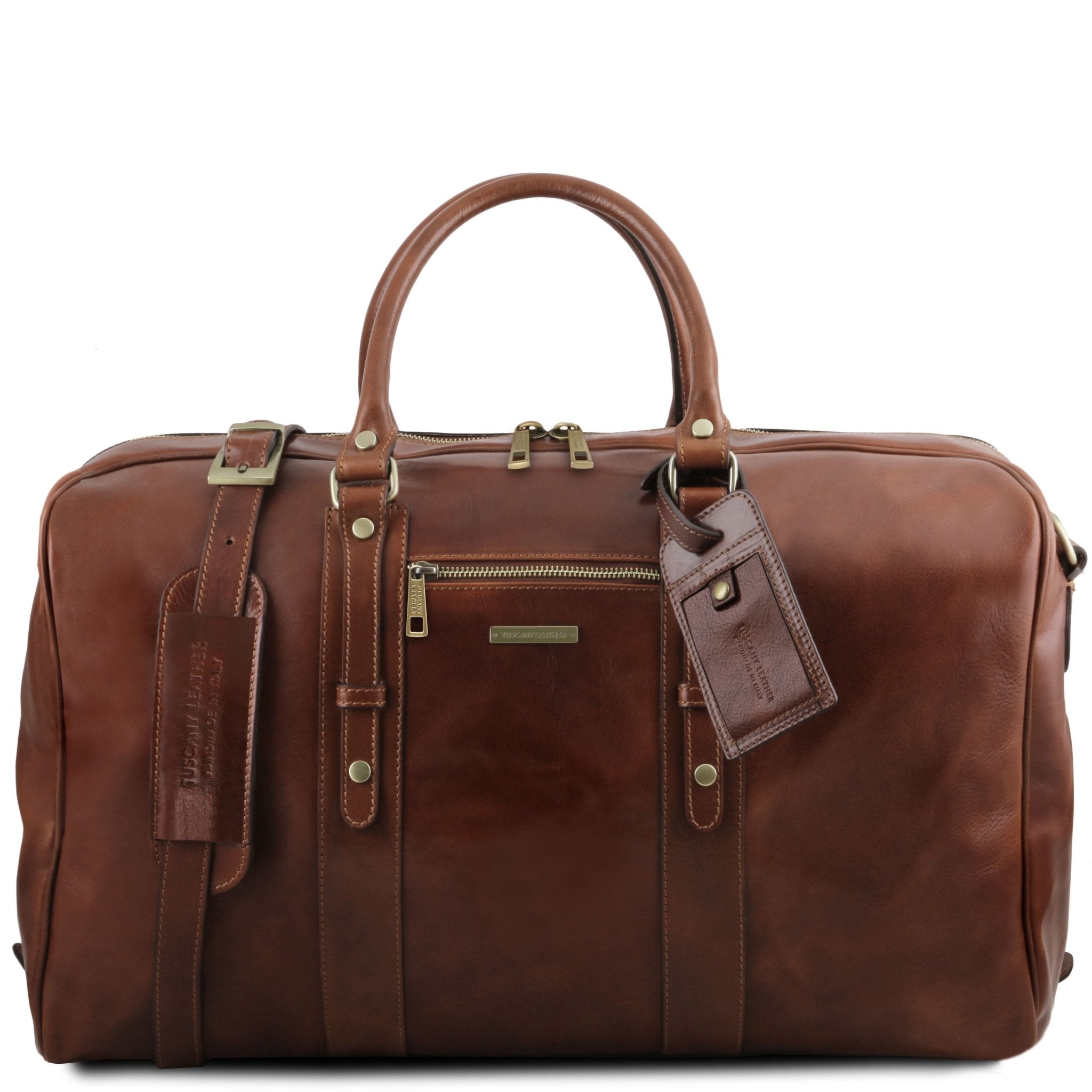 Front view TL Voyager Leather Travel Bag with Front Pocket in Brown on a white background with brushed brass tone hardware