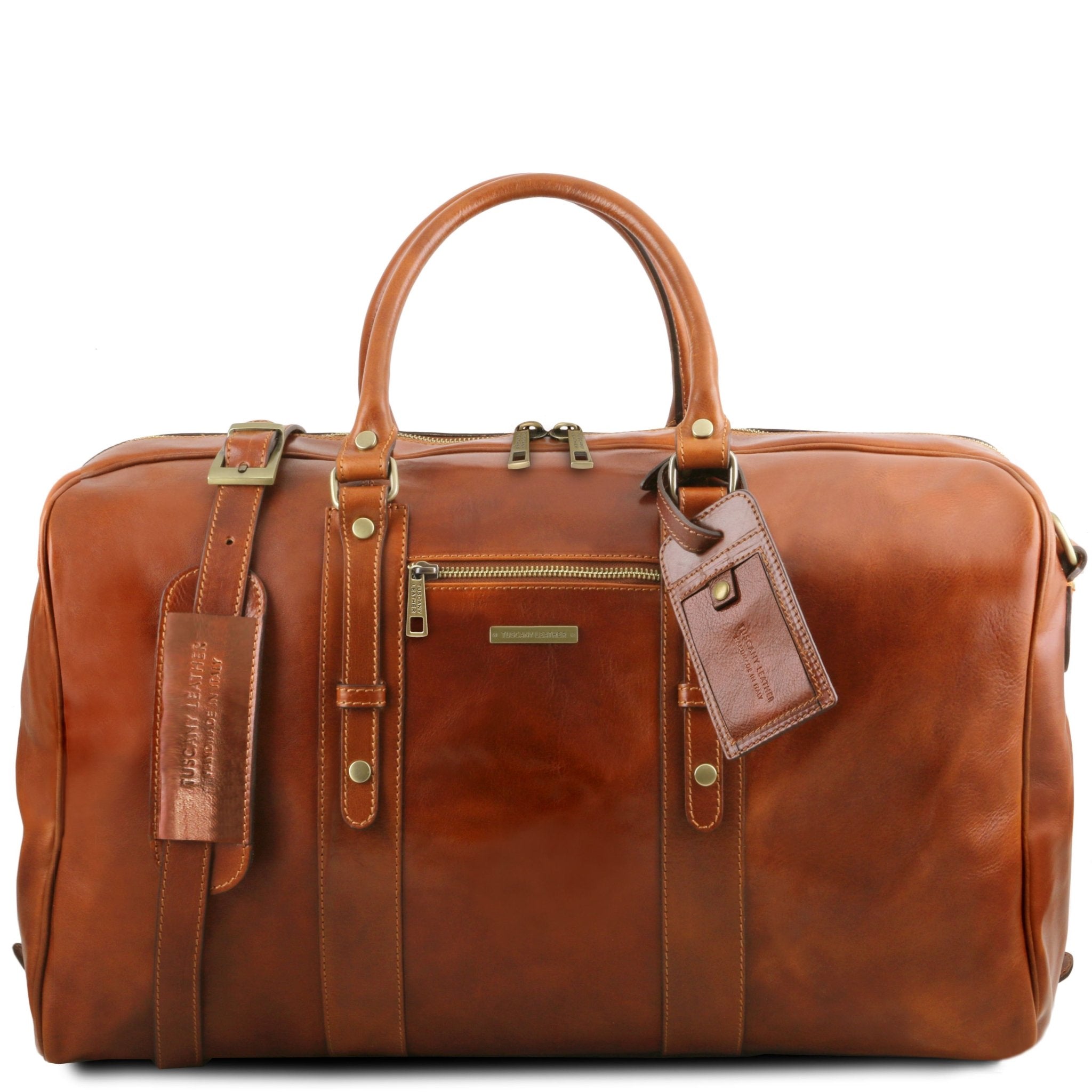 Front view TL Voyager Leather Travel Bag with Front Pocket in Honey on a white background with brushed brass tone hardware
