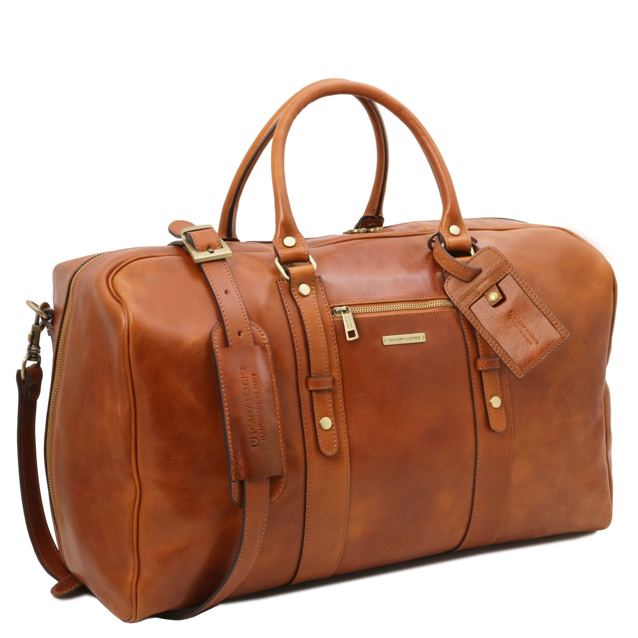 Side view TL Voyager Leather Travel Bag with Front Pocket in Honey on a white background