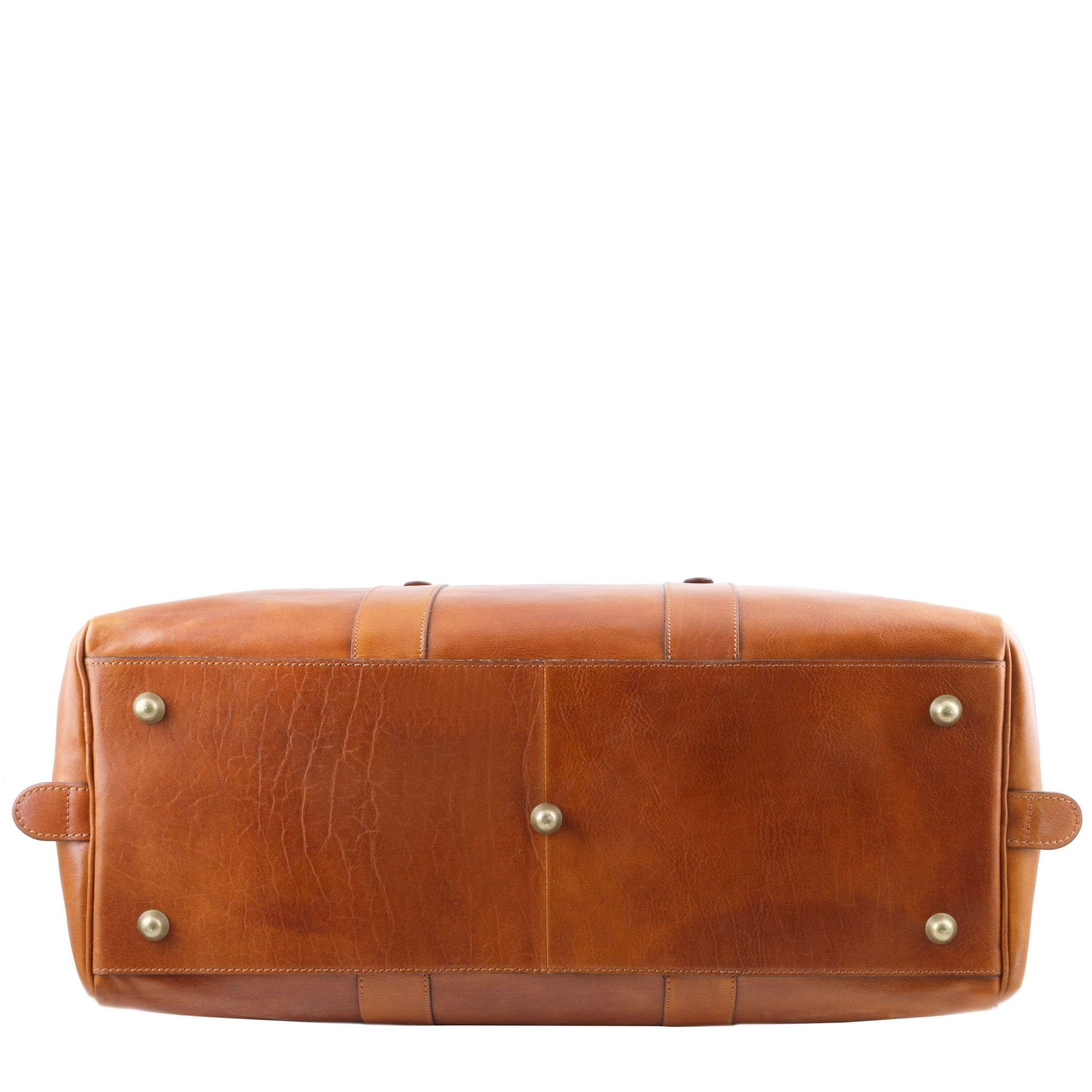 Bottom view TL Voyager Leather Travel Bag with Front Pocket in Honey showing the protective metal feet