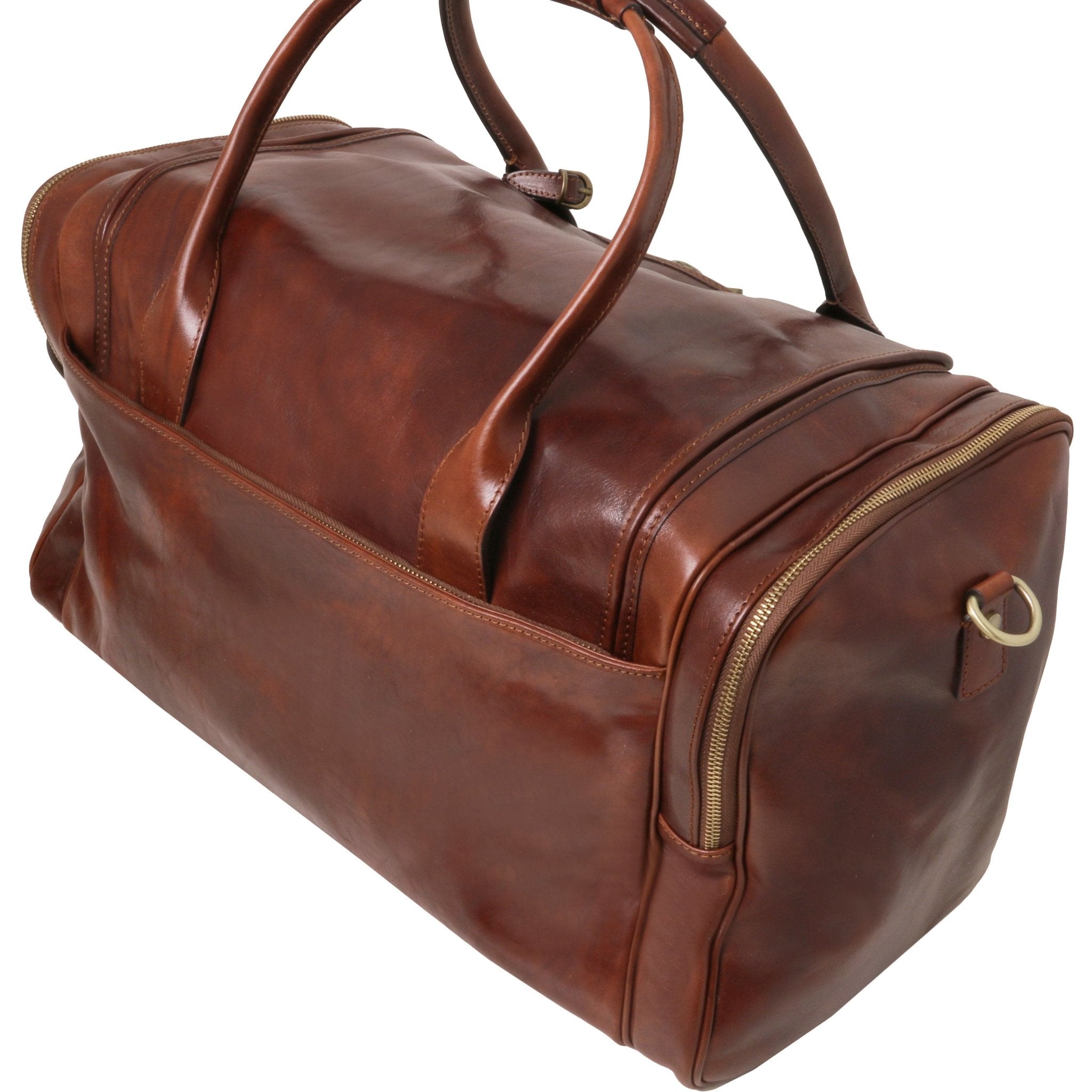 Back view TL Voyager Travel Leather Bag with Side Pockets in brown showing back opened pocket and side zippered compartment