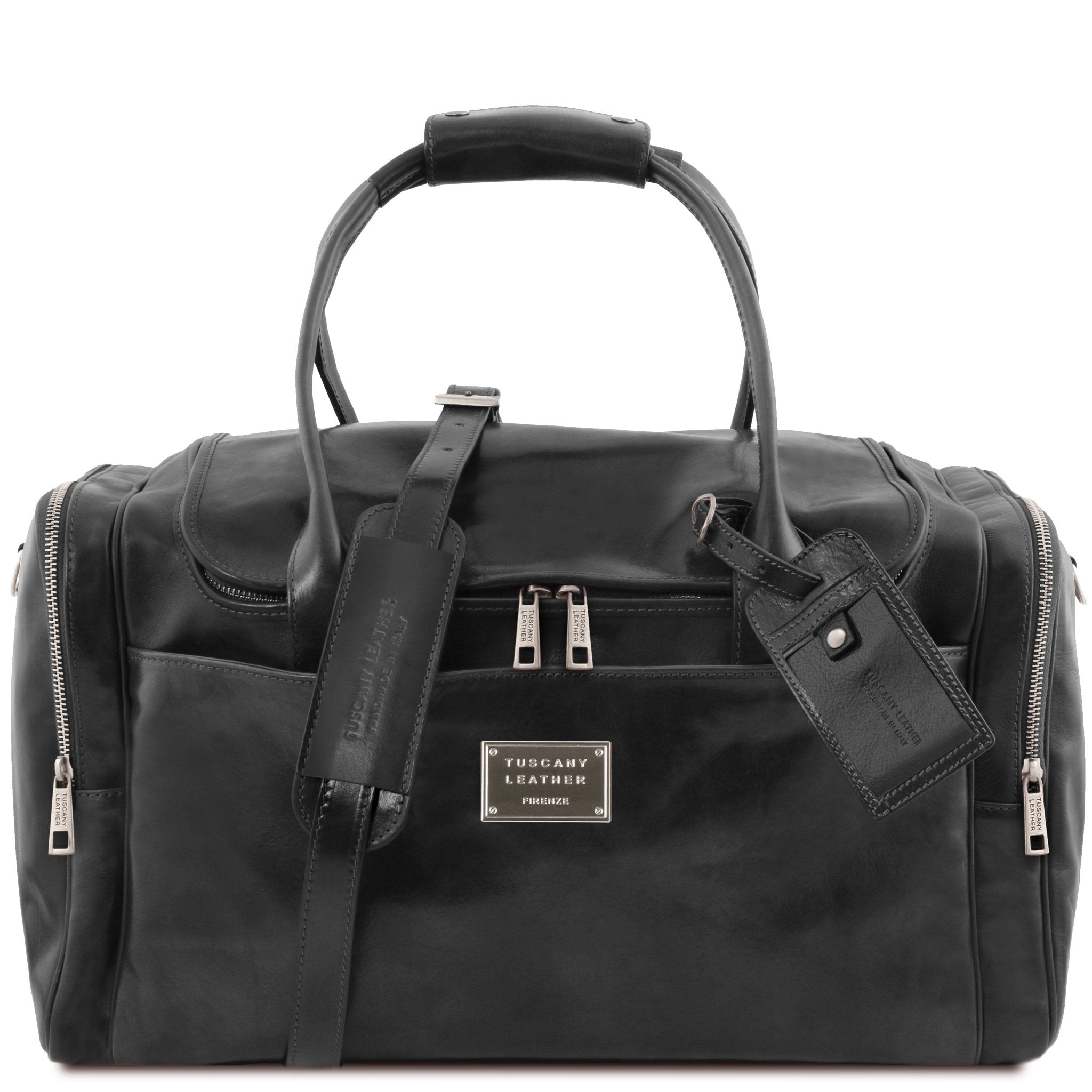 TL Voyager Travel Leather Bag with Side Pockets in black on a white background showing detachable shoulder strap and luggage tag