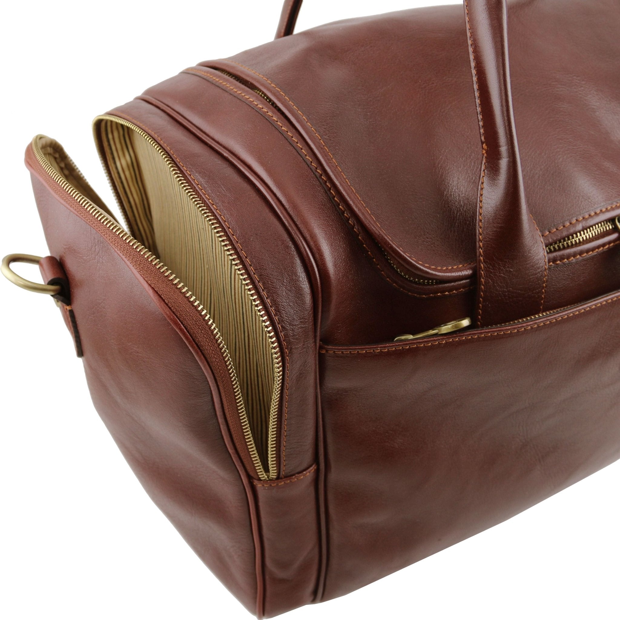 Side view TL Voyager Travel Leather Bag with Side Pockets in brown on a white background showing side pocket opened