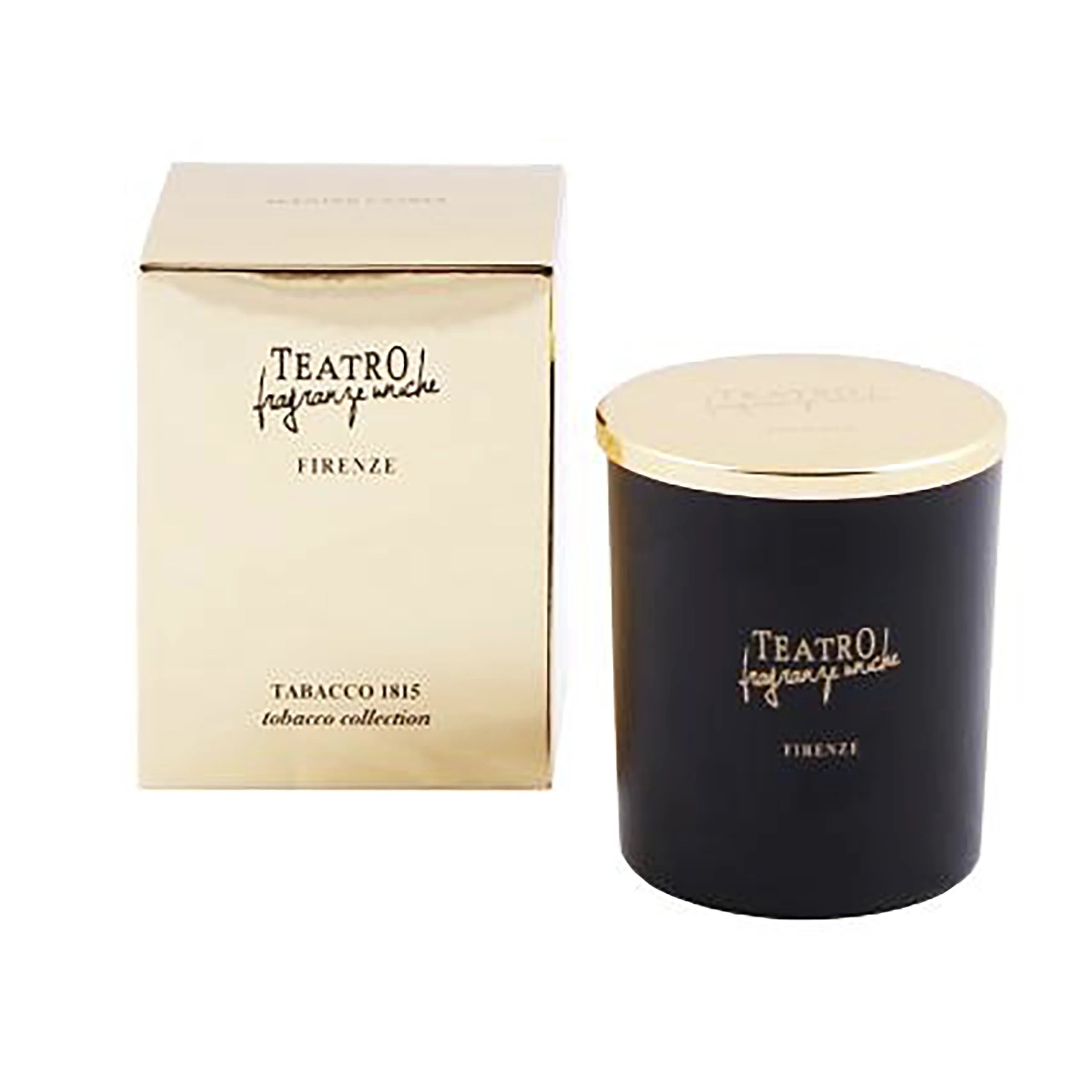 Tobacco 1815 Luxury Florentine Scented black Candle with gold lid and shipping box - L'Atelier Global