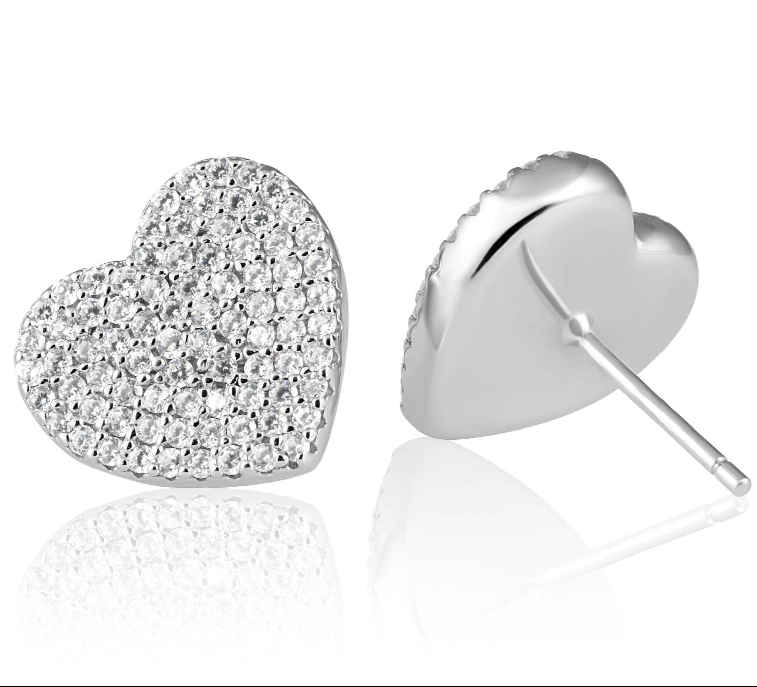 Treviso Heart Sterling Silver Pavé Earrings on a white background showing the Pave crystal front and all silver back - L'Atelier Global