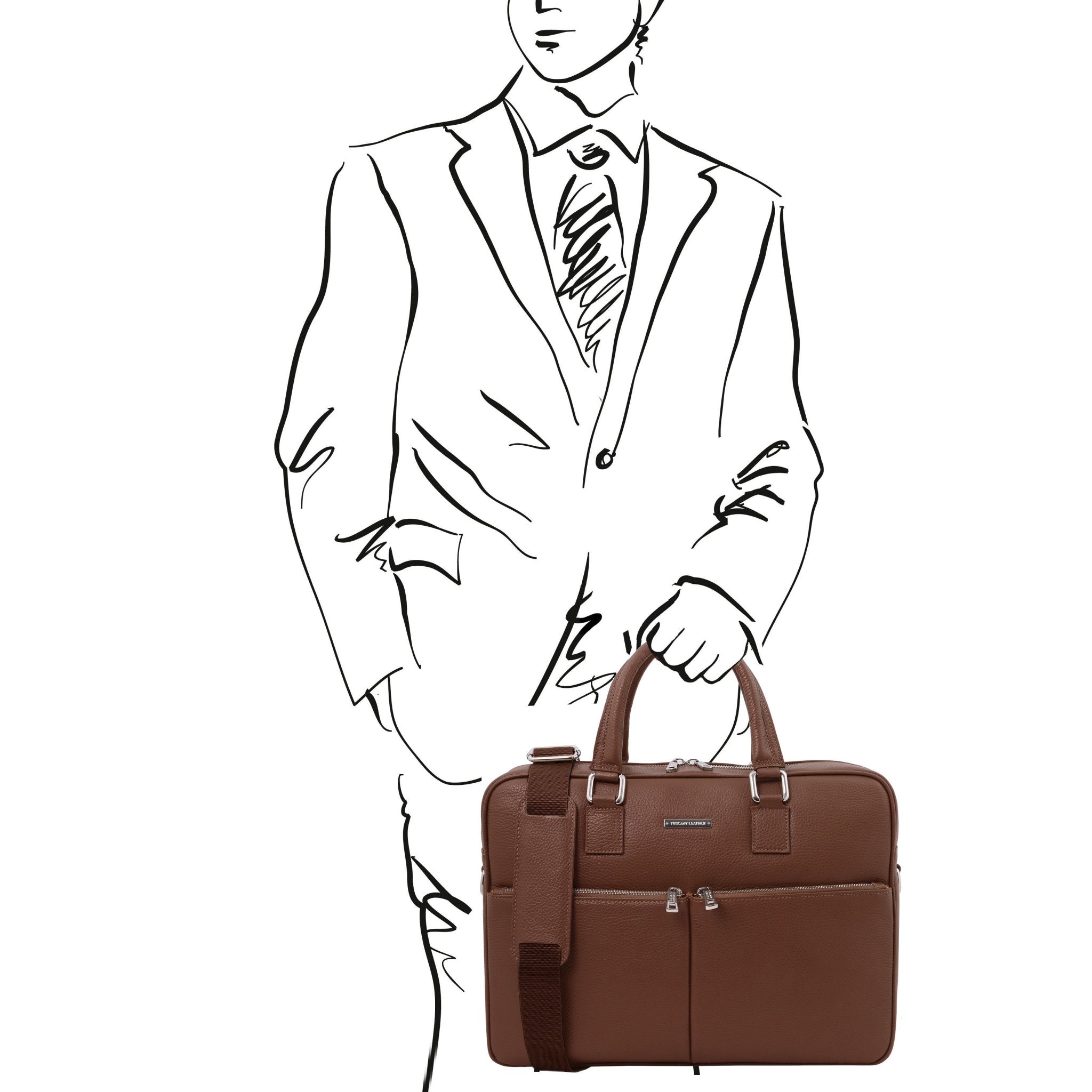 A black and white sketch of a man in a suit and tie holding the Treviso Leather Laptop Briefcase in coffee on a white background